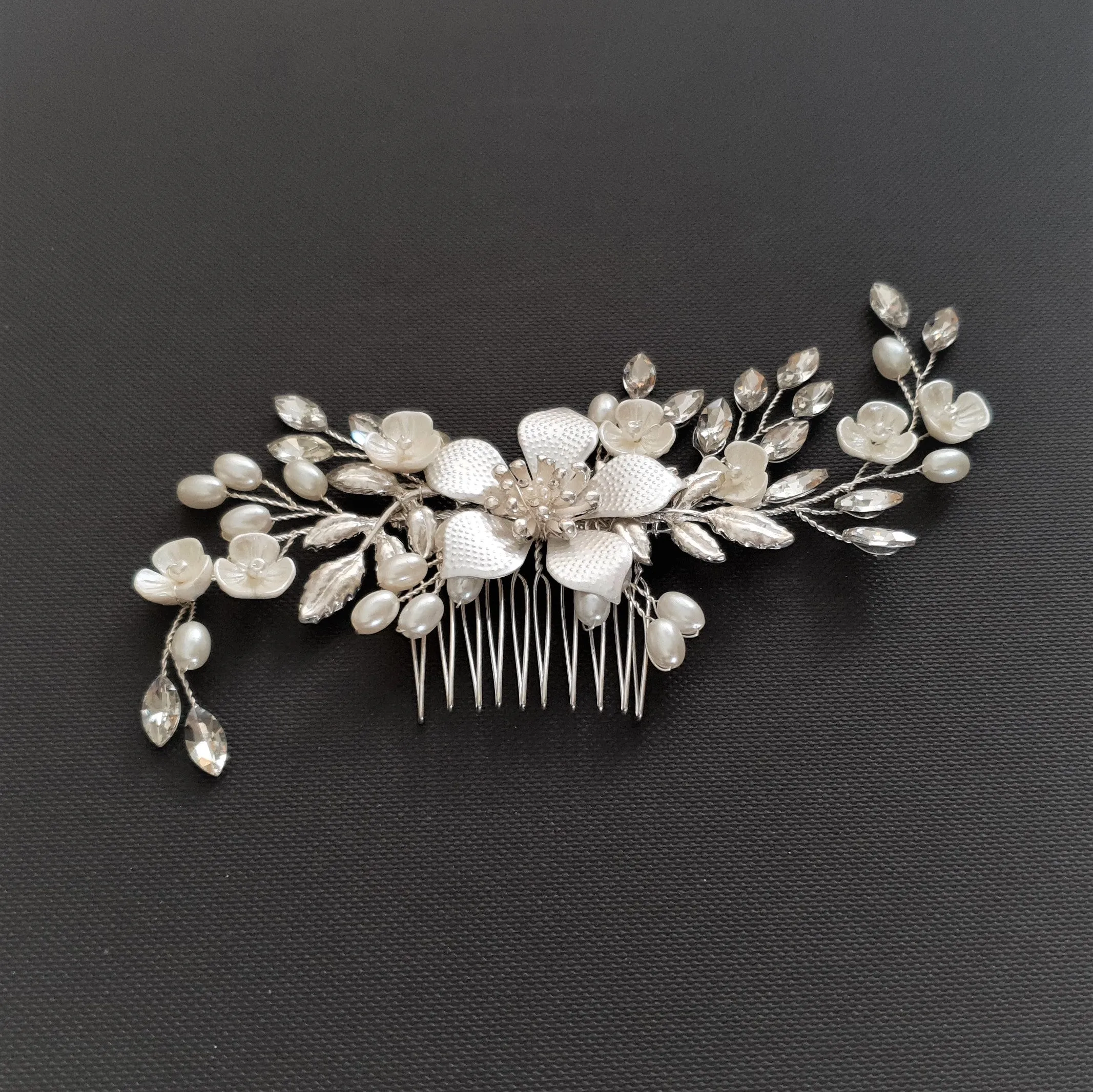 Jeweled Rose Gold Bridal Hair Comb with Pearl & Crystal Leaves-Freya