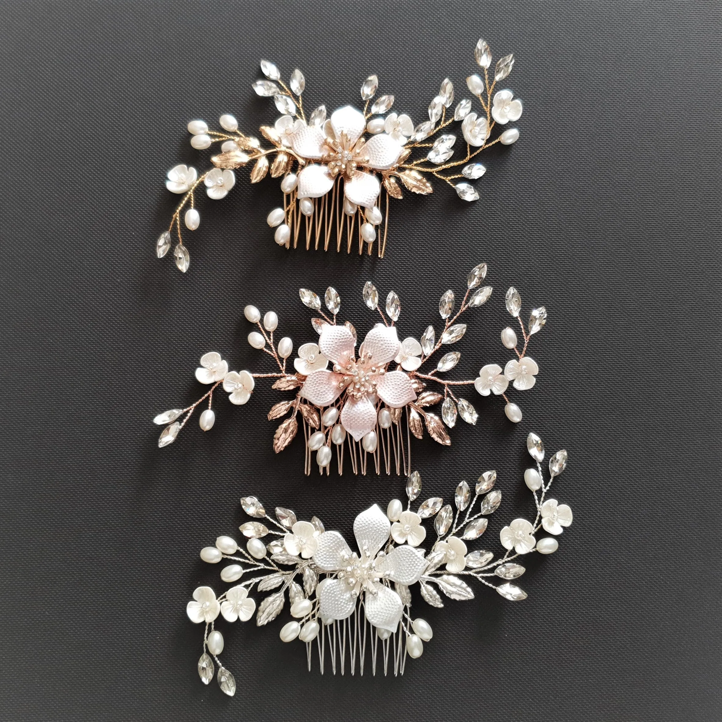 Jeweled Rose Gold Bridal Hair Comb with Pearl & Crystal Leaves-Freya