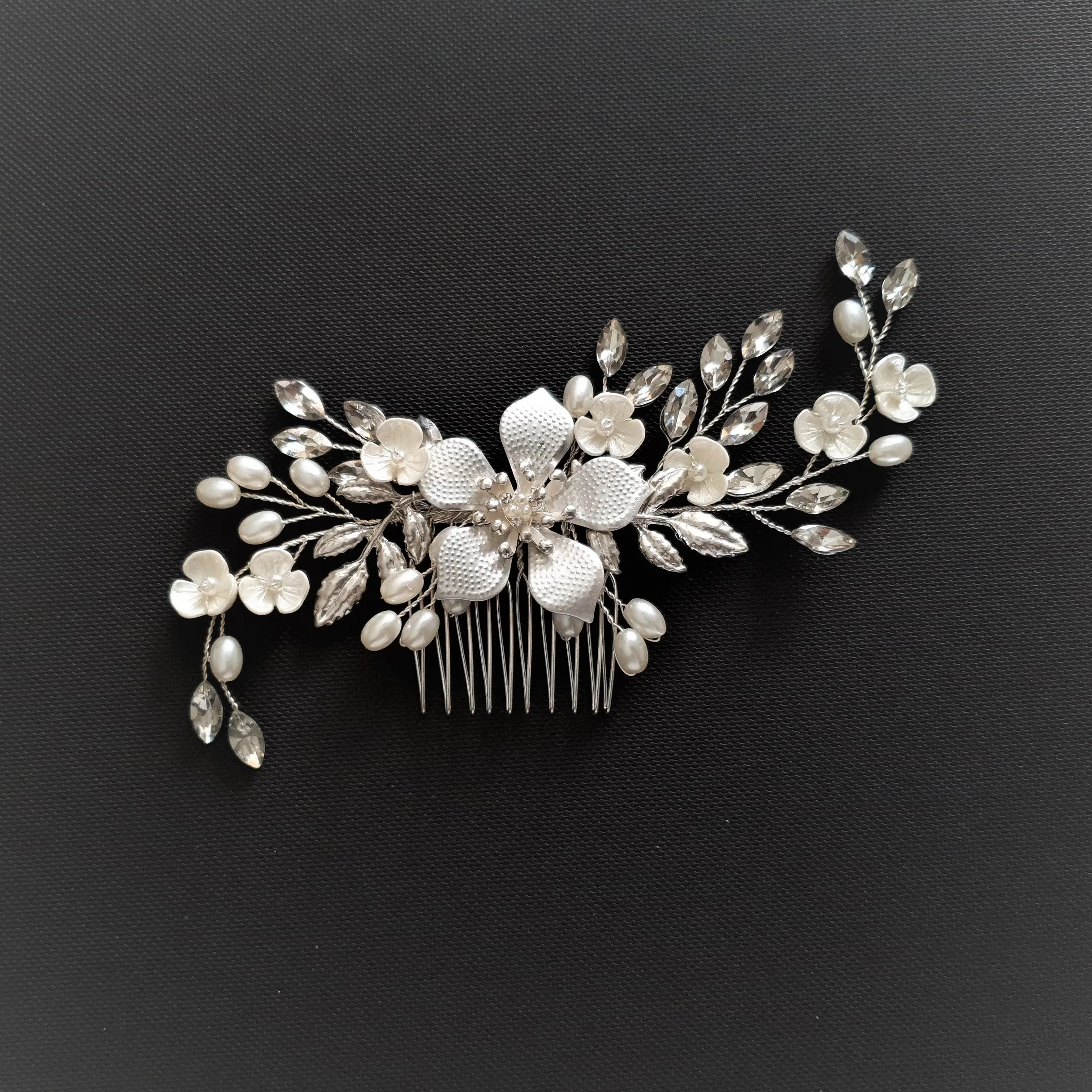 Jeweled Rose Gold Bridal Hair Comb with Pearl & Crystal Leaves-Freya