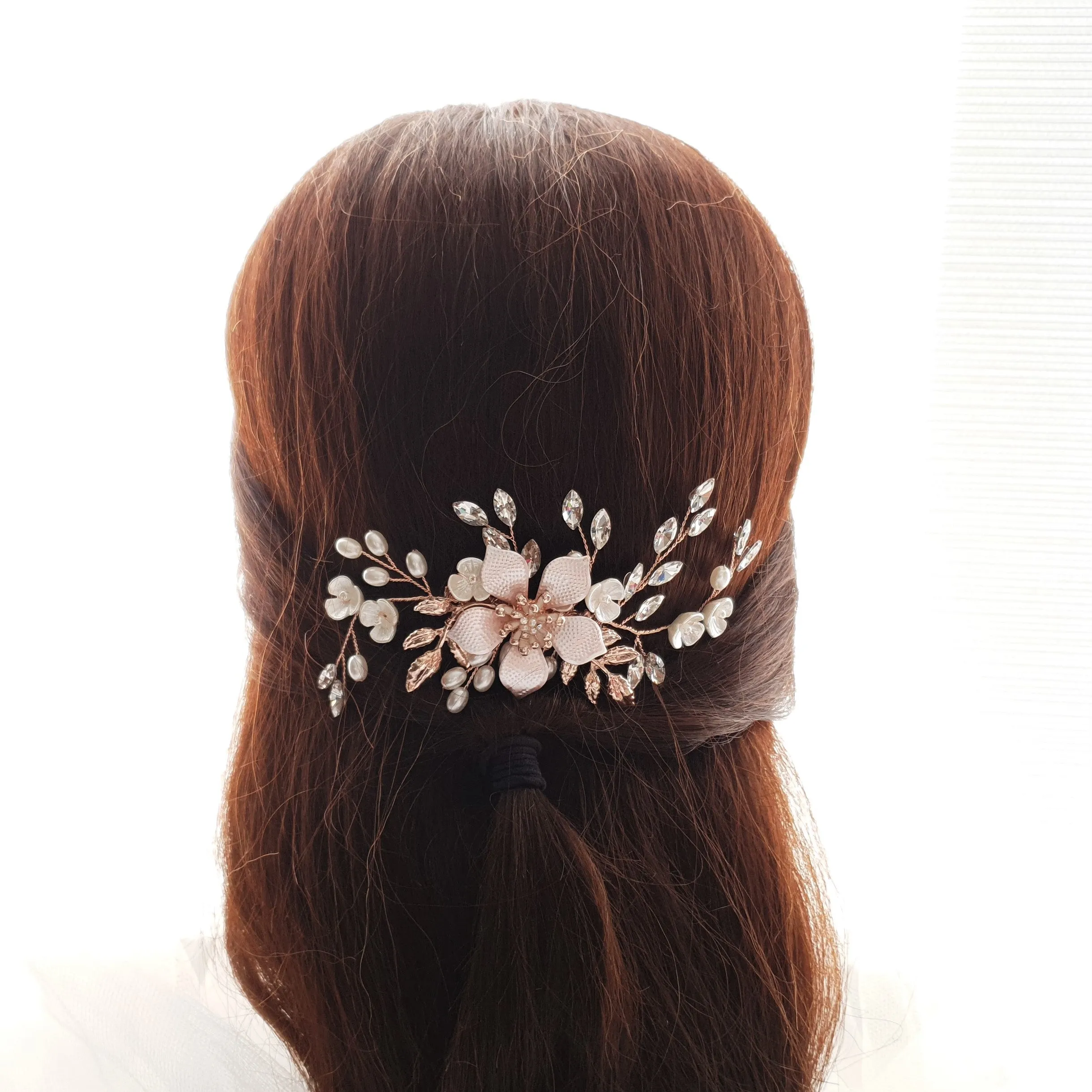 Jeweled Rose Gold Bridal Hair Comb with Pearl & Crystal Leaves-Freya