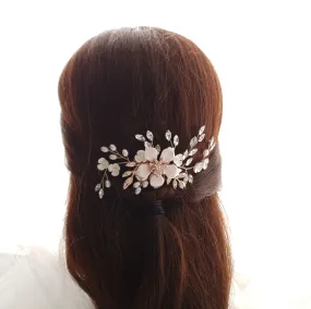 Jeweled Rose Gold Bridal Hair Comb with Pearl & Crystal Leaves-Freya