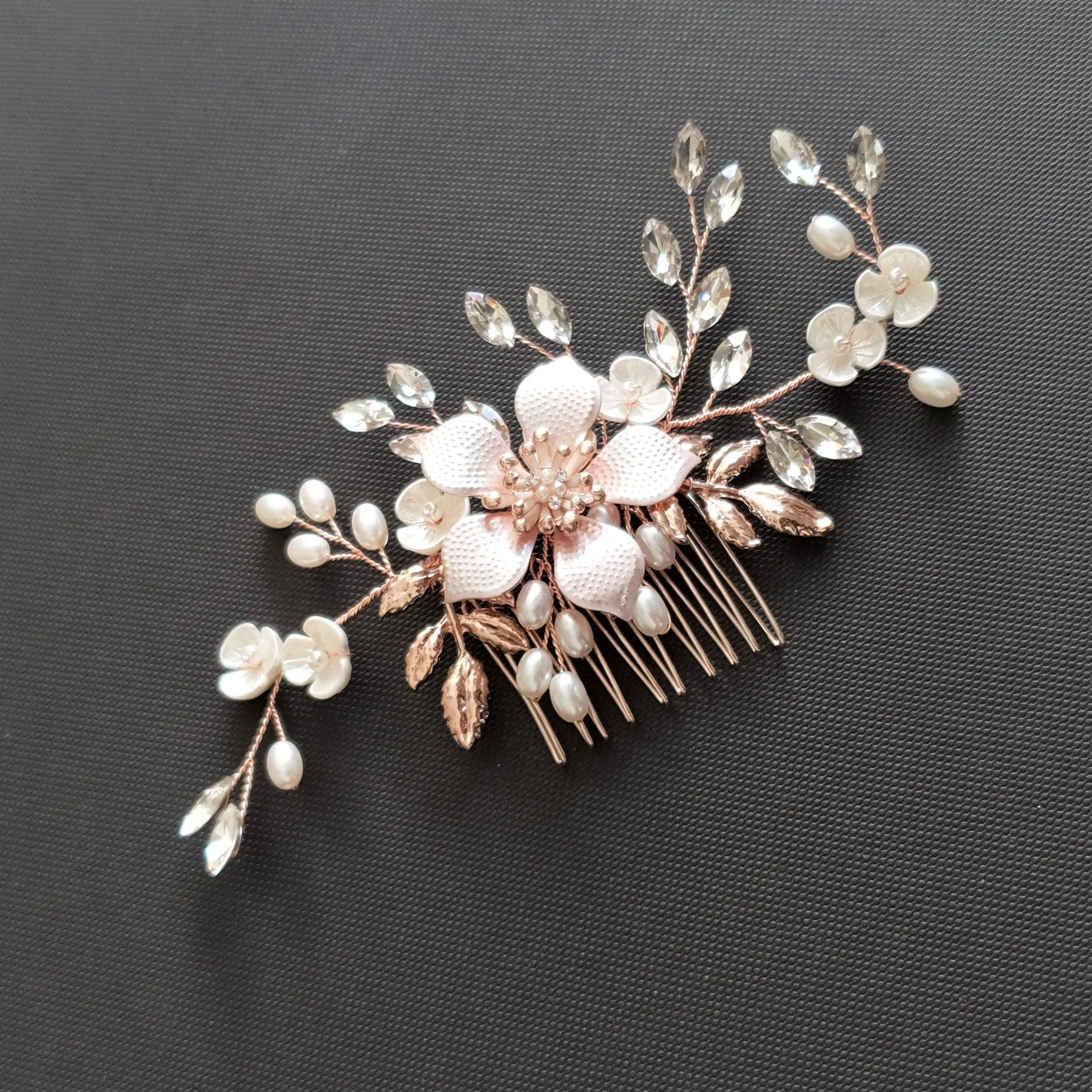 Jeweled Rose Gold Bridal Hair Comb with Pearl & Crystal Leaves-Freya