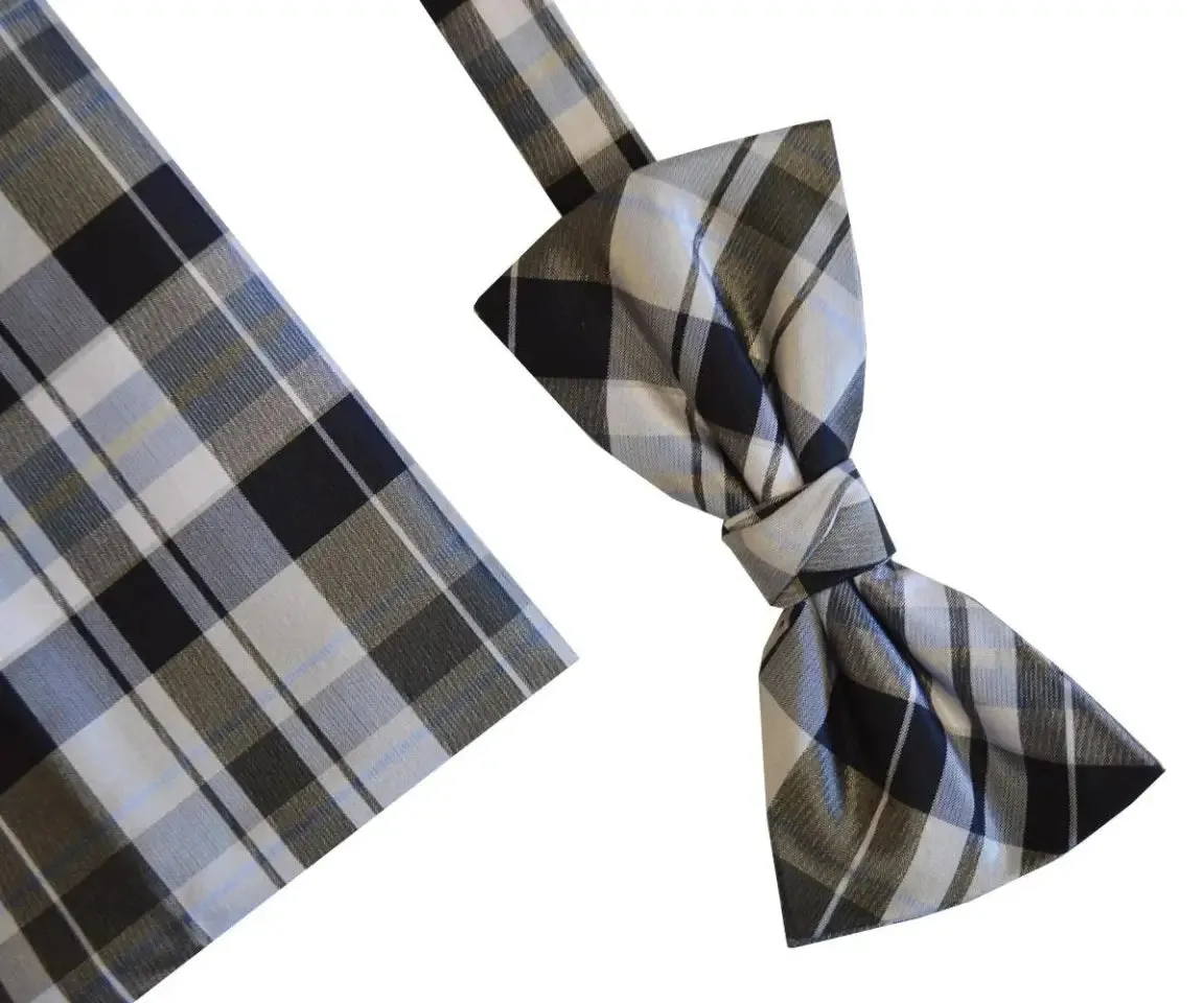 L A Smith Blue And Grey Check Silk Bow Tie And Hank Set