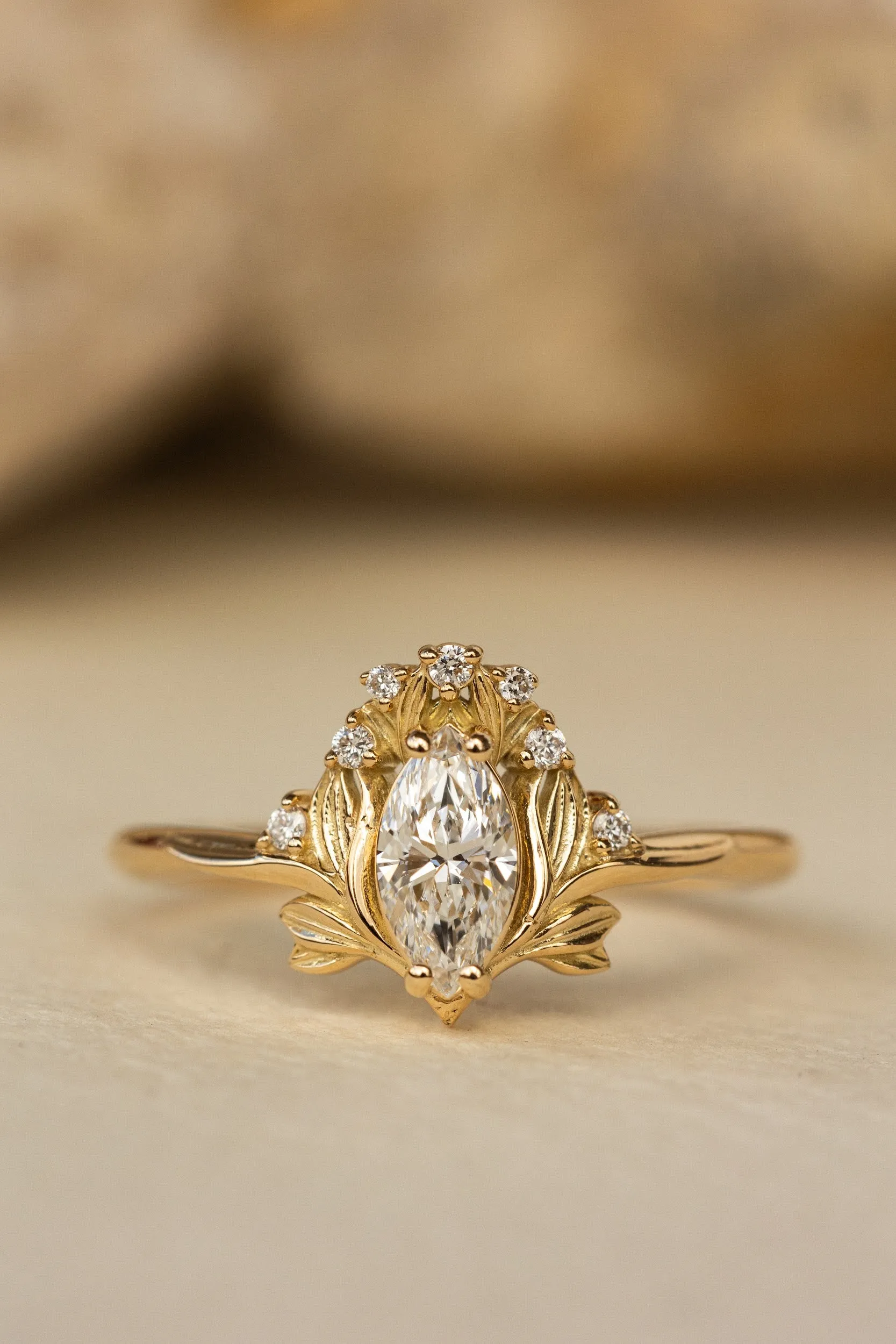 Lab grown diamond engagement ring, gold flower ring with diamonds / Iris