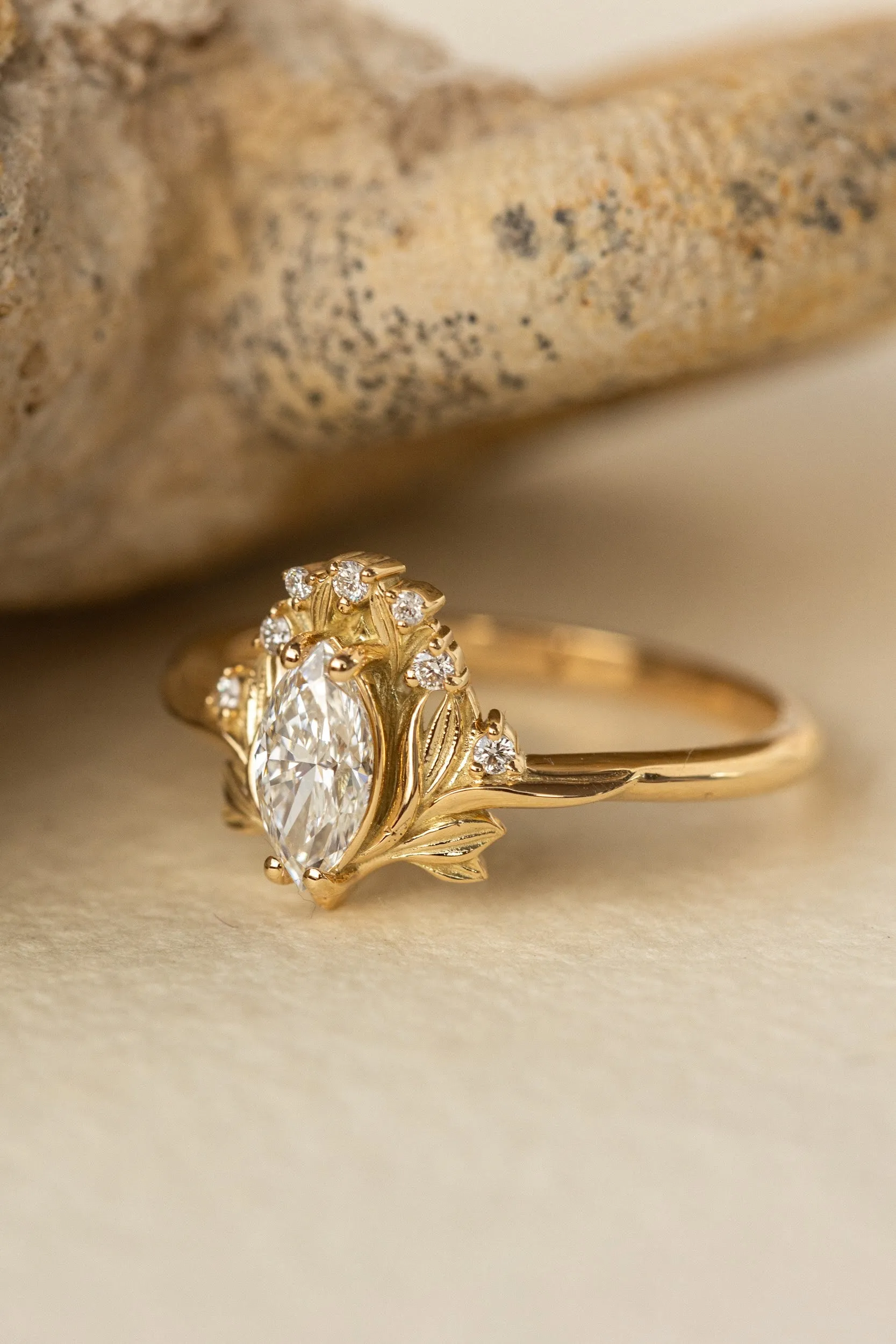 Lab grown diamond engagement ring, gold flower ring with diamonds / Iris