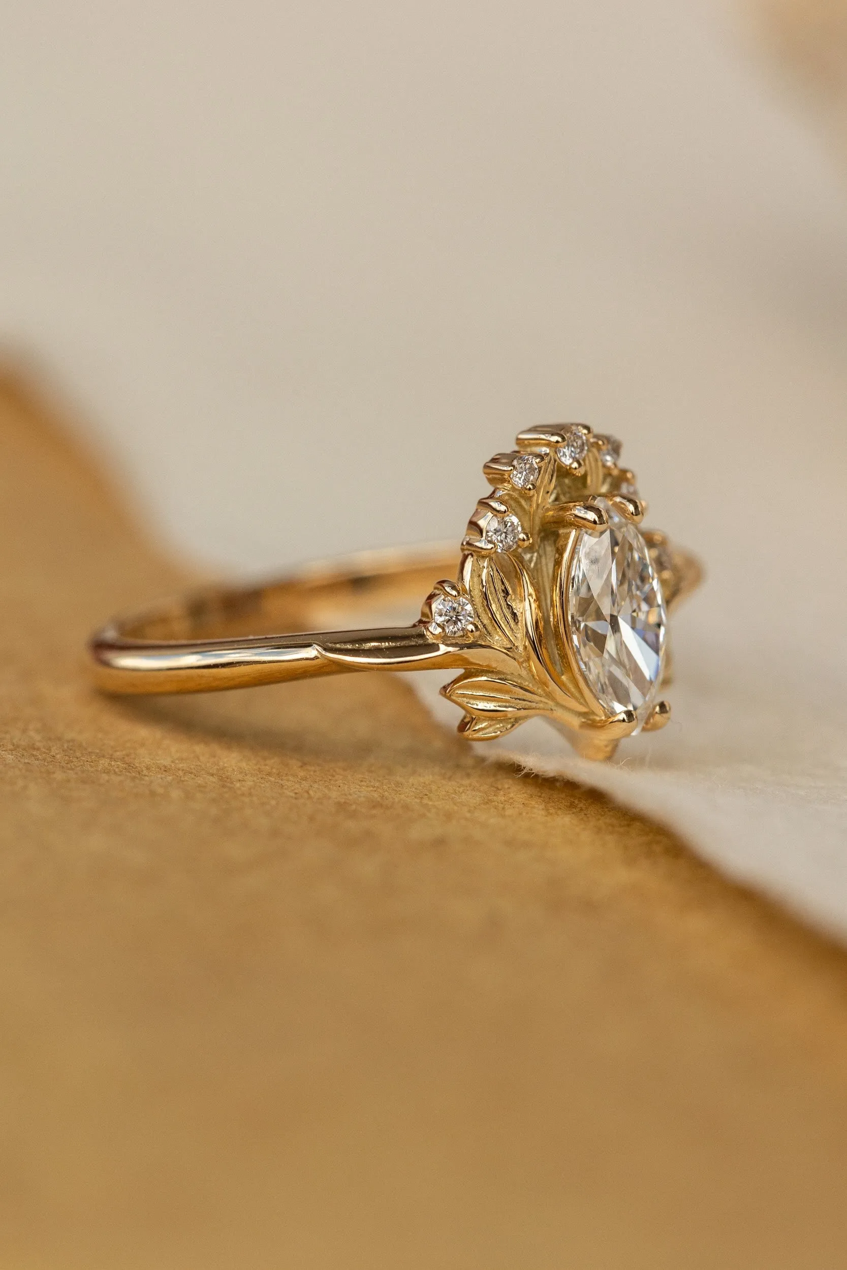 Lab grown diamond engagement ring, gold flower ring with diamonds / Iris