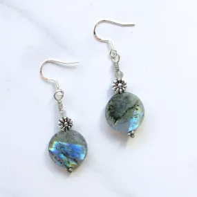 Labradorite gemstone and Sterling Silver Flower Dangle Earrings