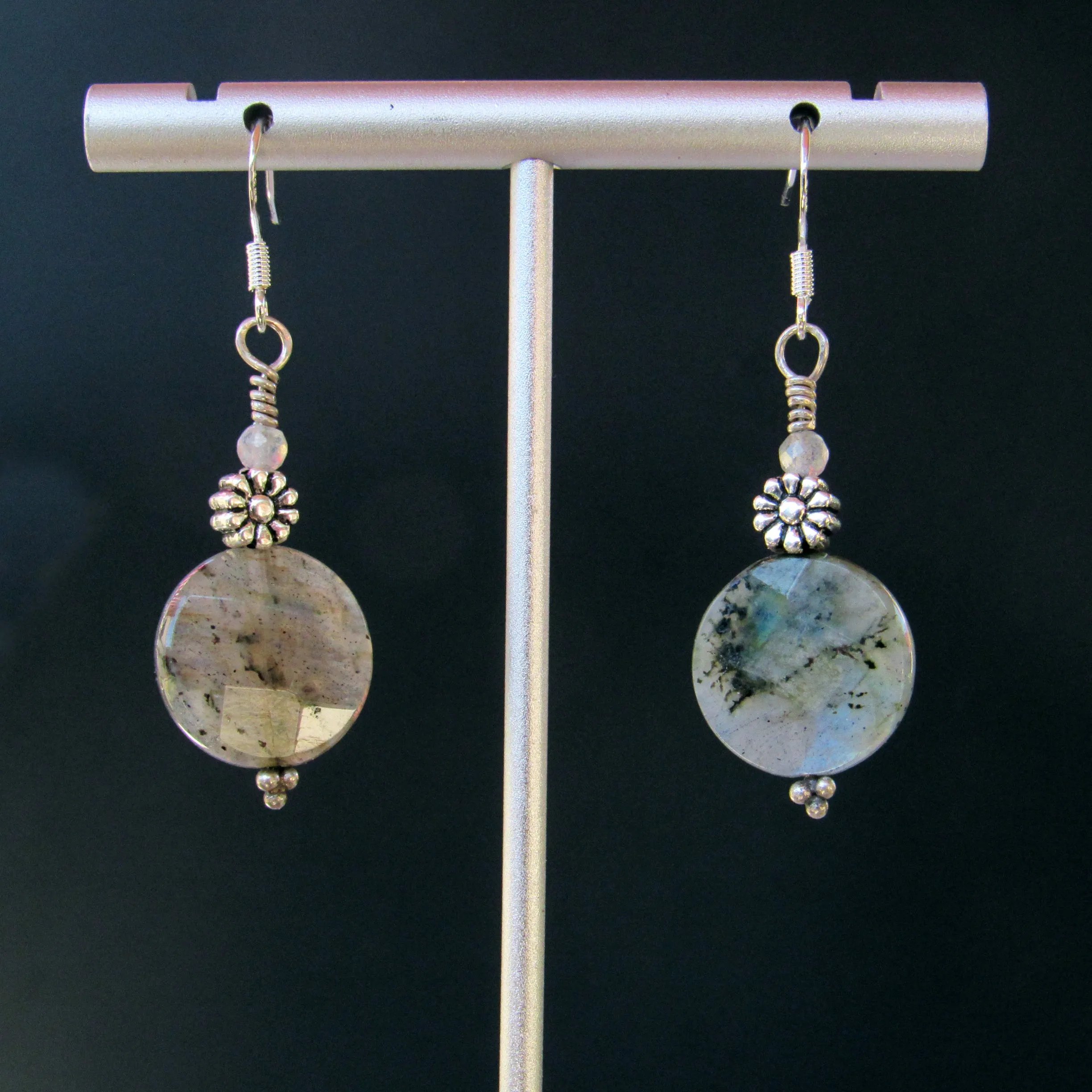 Labradorite gemstone and Sterling Silver Flower Dangle Earrings