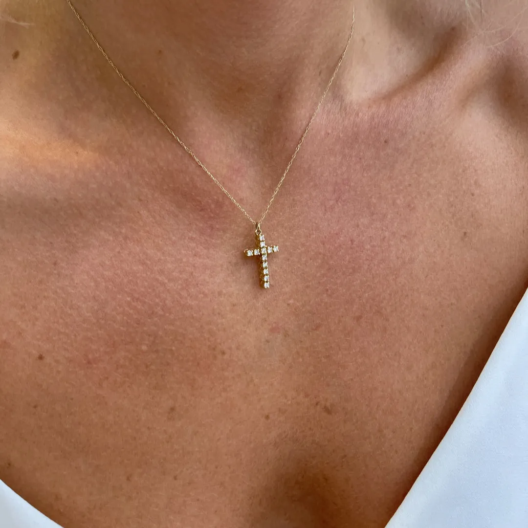 Ladies 14K Yellow Gold Diamond Cross Necklace