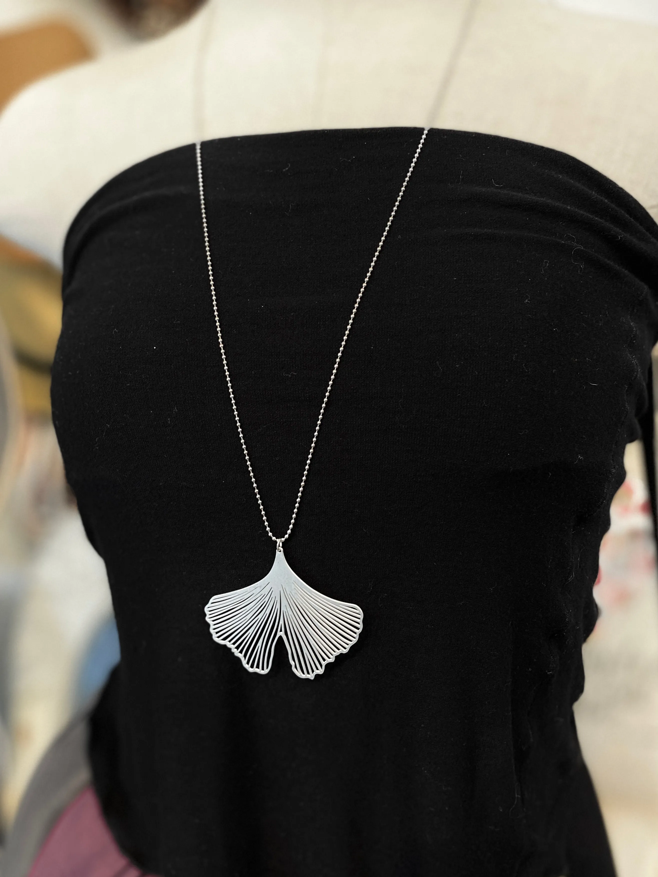 Large Ginkgo Pendant w/ Long Ball Chain: Stainless Steel Necklace