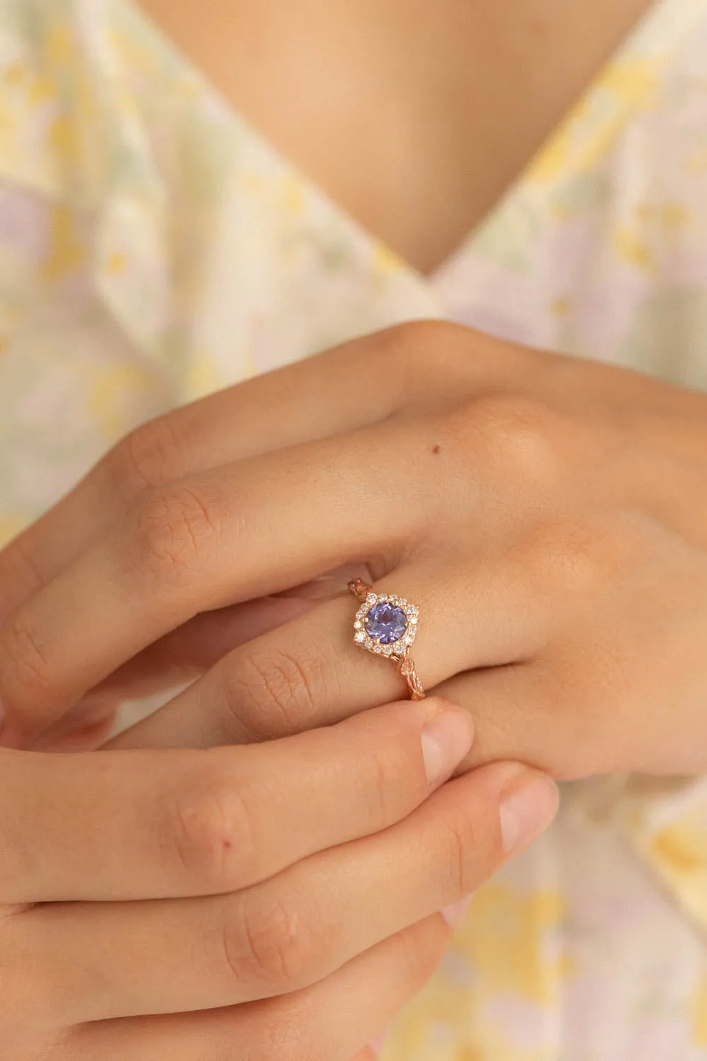 Lavender tanzanite engagement ring with diamond halo, rose gold leaves ring with diamonds / Florentina