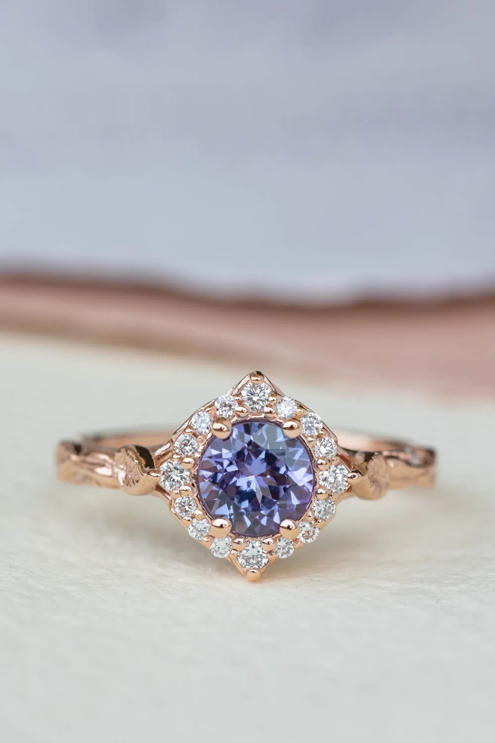 Lavender tanzanite engagement ring with diamond halo, rose gold leaves ring with diamonds / Florentina