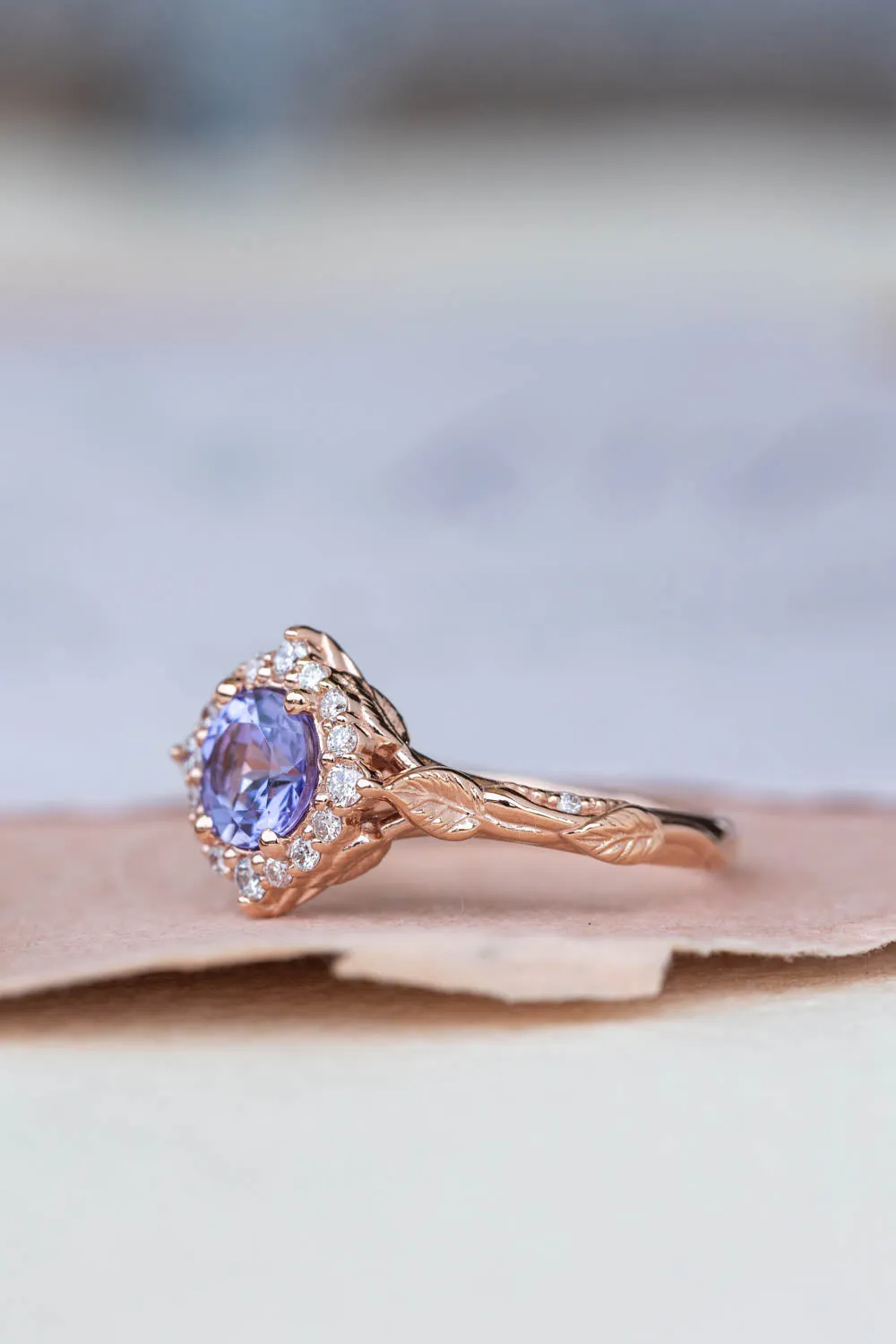 Lavender tanzanite engagement ring with diamond halo, rose gold leaves ring with diamonds / Florentina