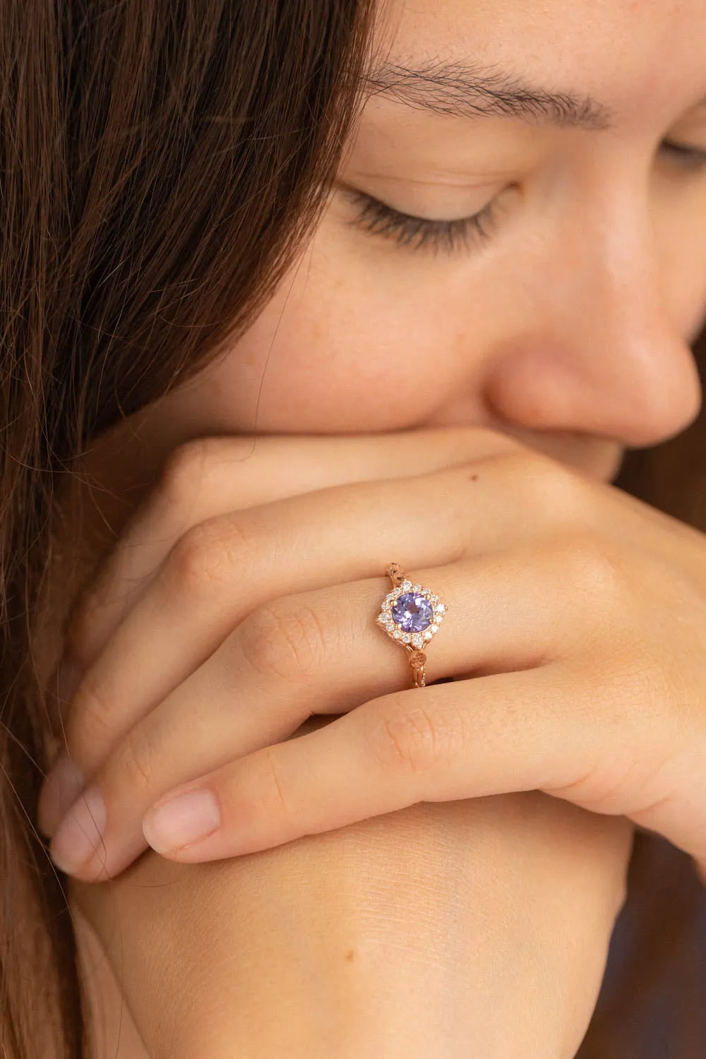 Lavender tanzanite engagement ring with diamond halo, rose gold leaves ring with diamonds / Florentina