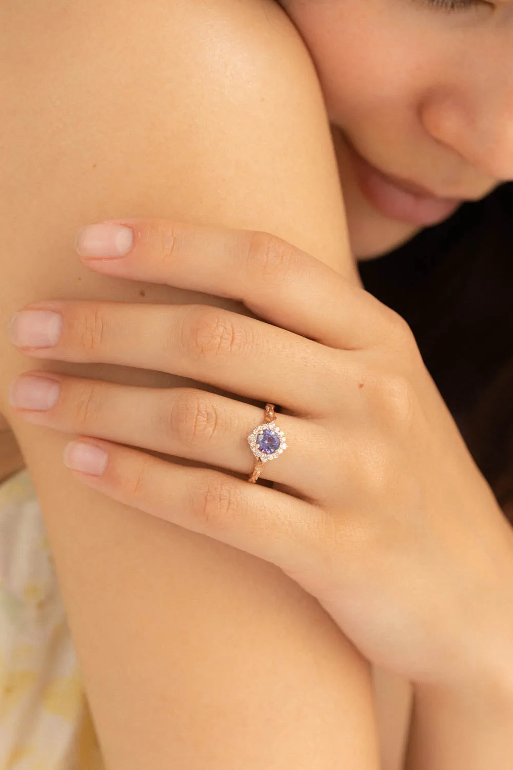 Lavender tanzanite engagement ring with diamond halo, rose gold leaves ring with diamonds / Florentina