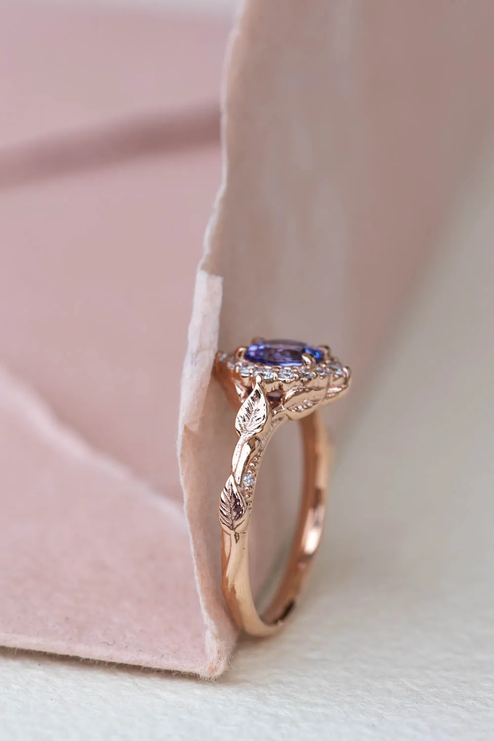 Lavender tanzanite engagement ring with diamond halo, rose gold leaves ring with diamonds / Florentina