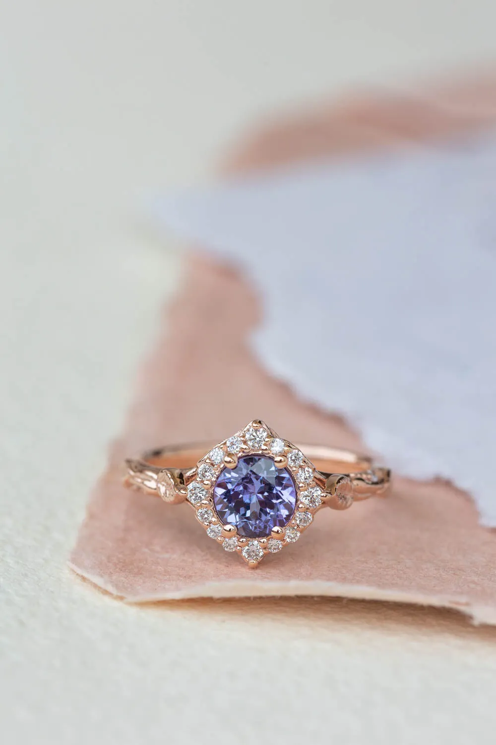 Lavender tanzanite engagement ring with diamond halo, rose gold leaves ring with diamonds / Florentina