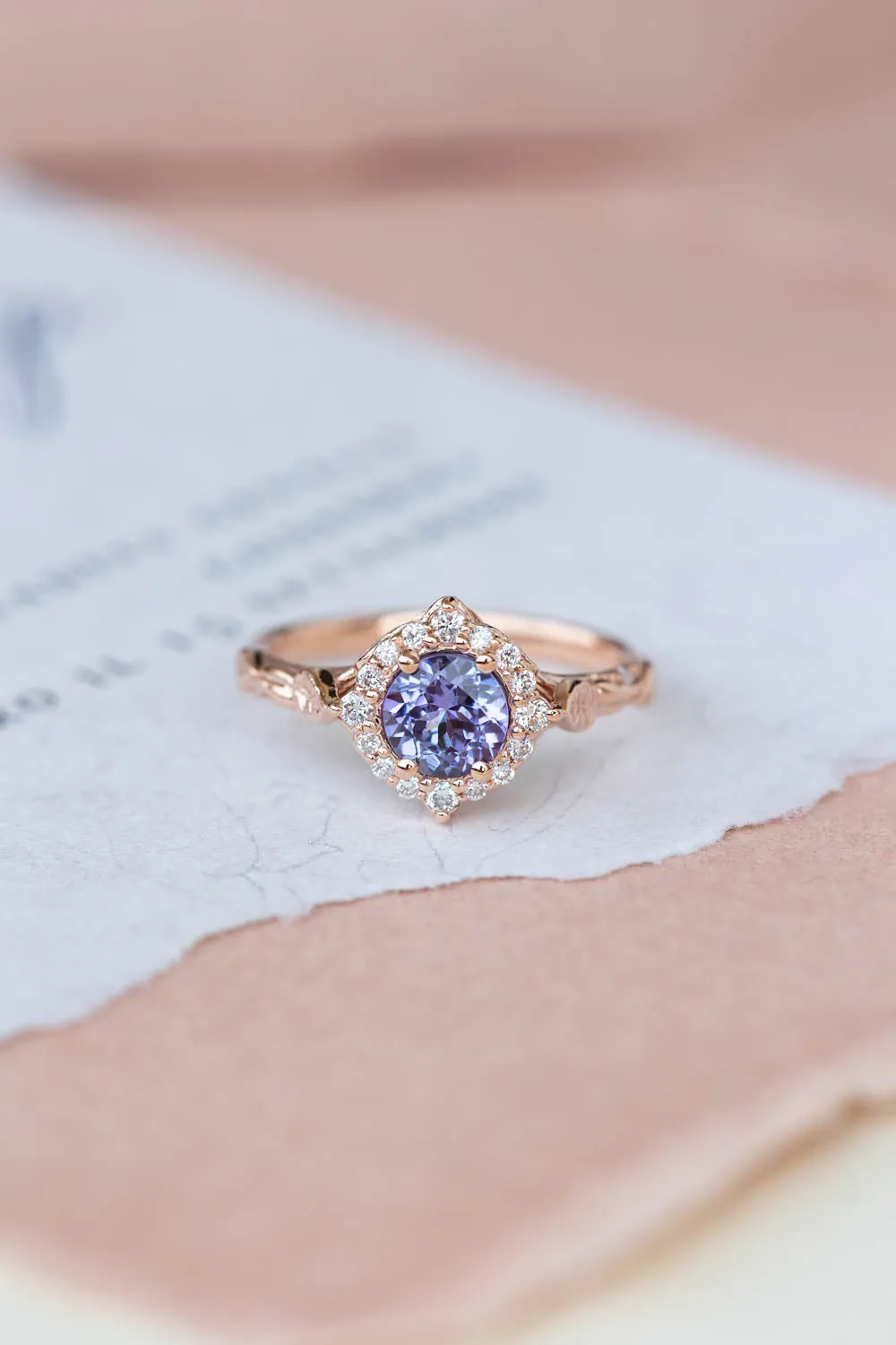 Lavender tanzanite engagement ring with diamond halo, rose gold leaves ring with diamonds / Florentina