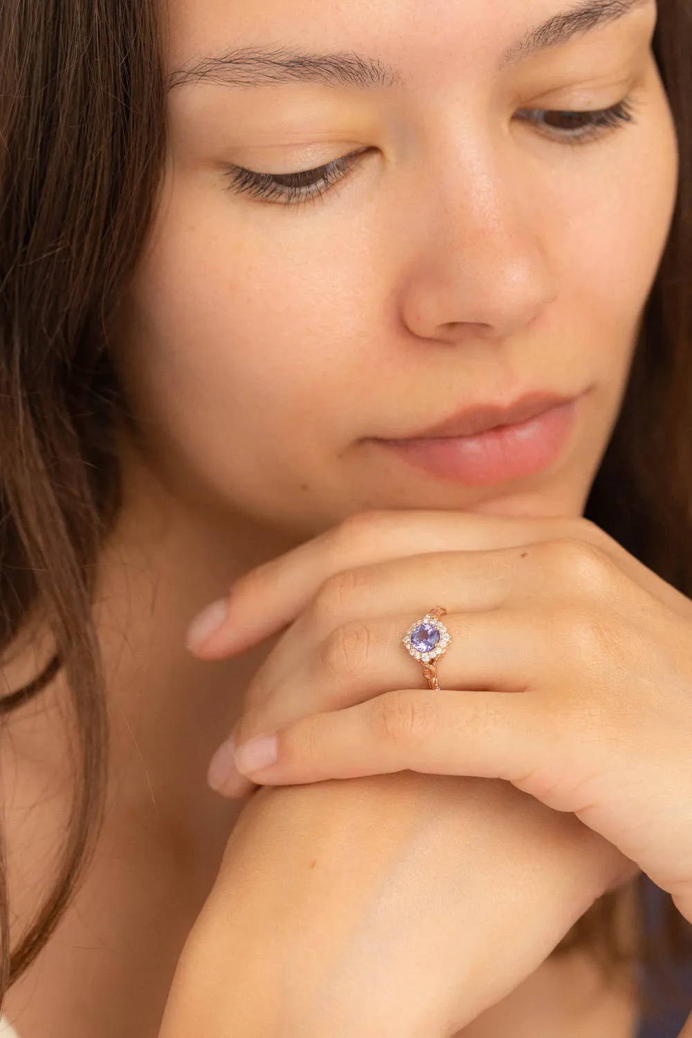 Lavender tanzanite engagement ring with diamond halo, rose gold leaves ring with diamonds / Florentina