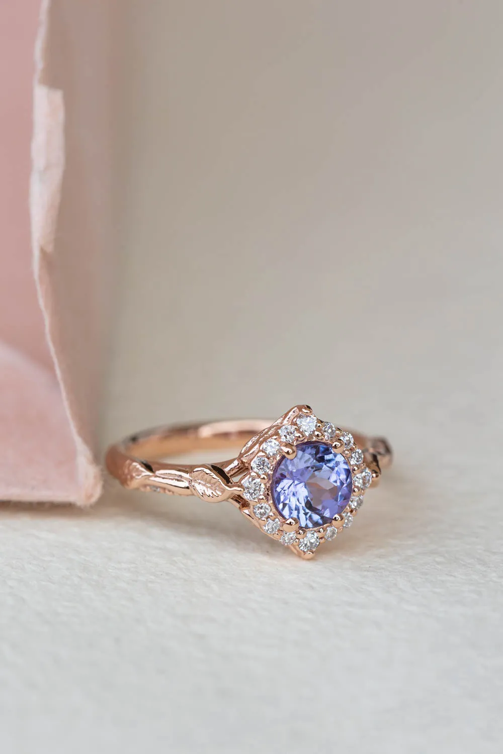 Lavender tanzanite engagement ring with diamond halo, rose gold leaves ring with diamonds / Florentina