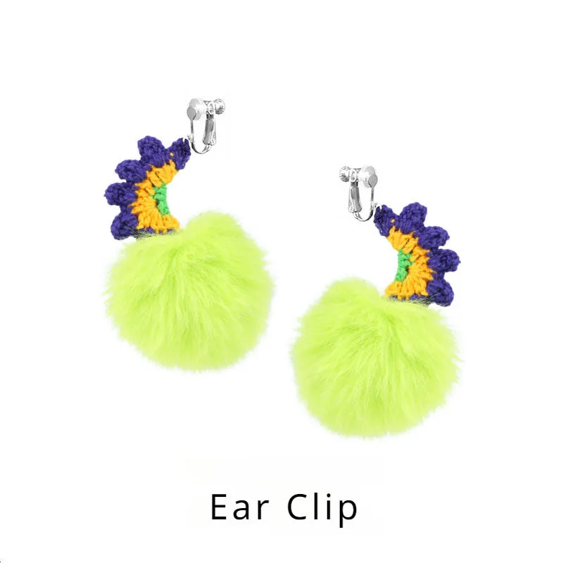 LB Plush Ball Earrings Exaggerated Green Plush Ear Clip LOJL3