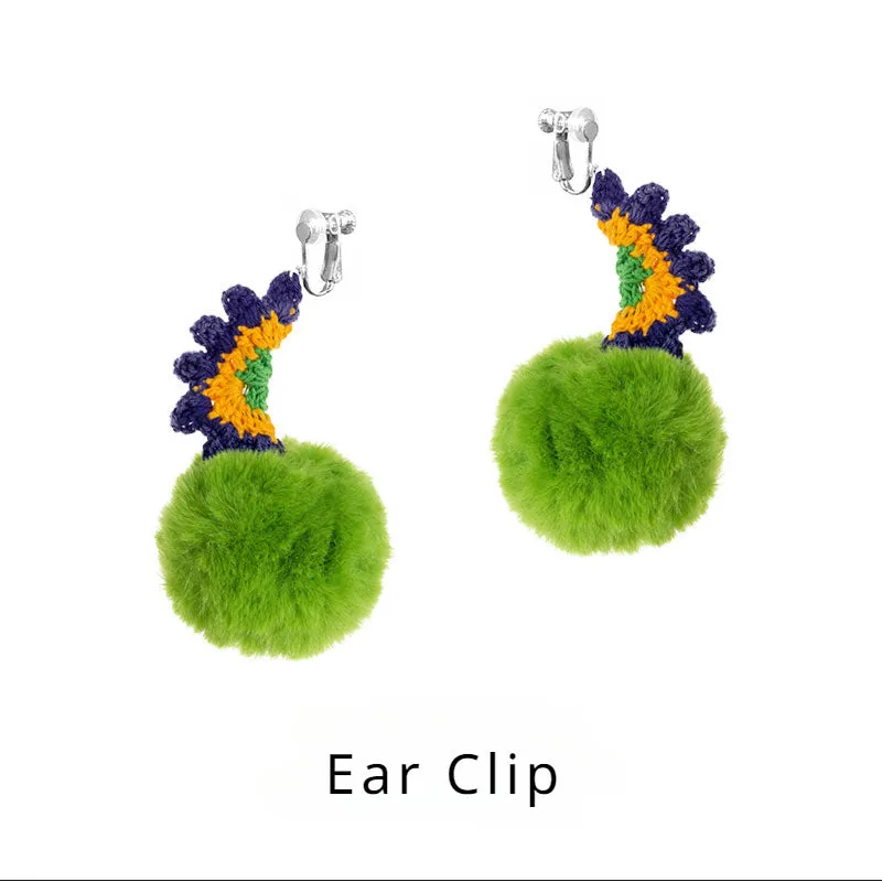 LB Plush Ball Earrings Exaggerated Green Plush Ear Clip LOJL3