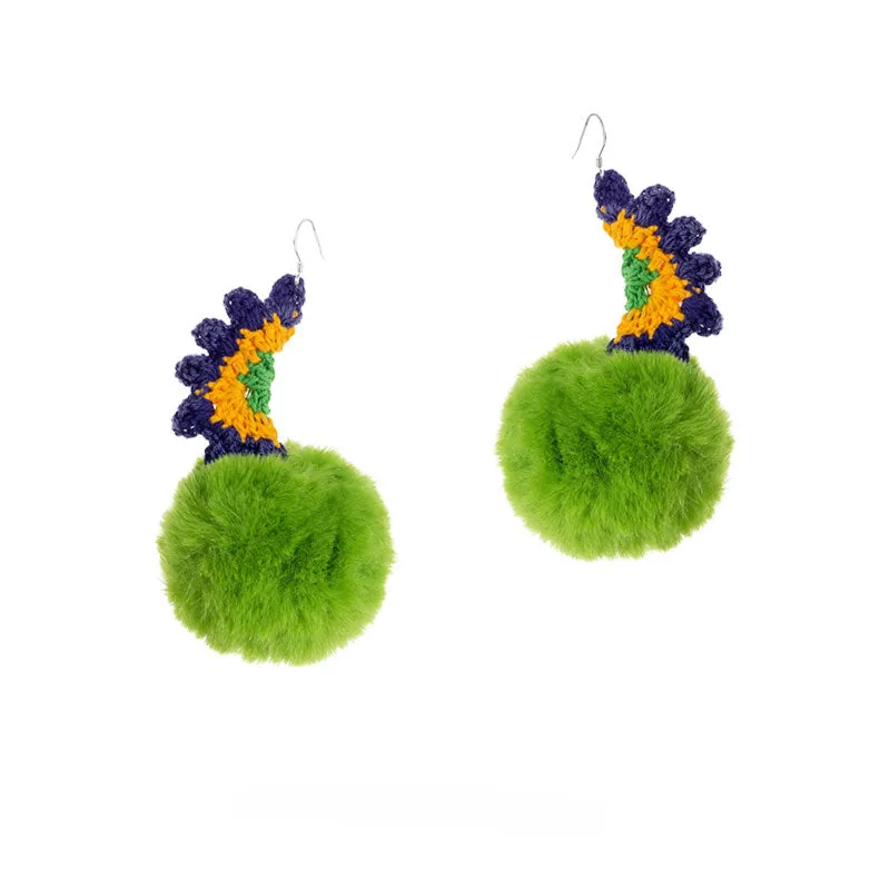 LB Plush Ball Earrings Exaggerated Green Plush Ear Clip LOJL3