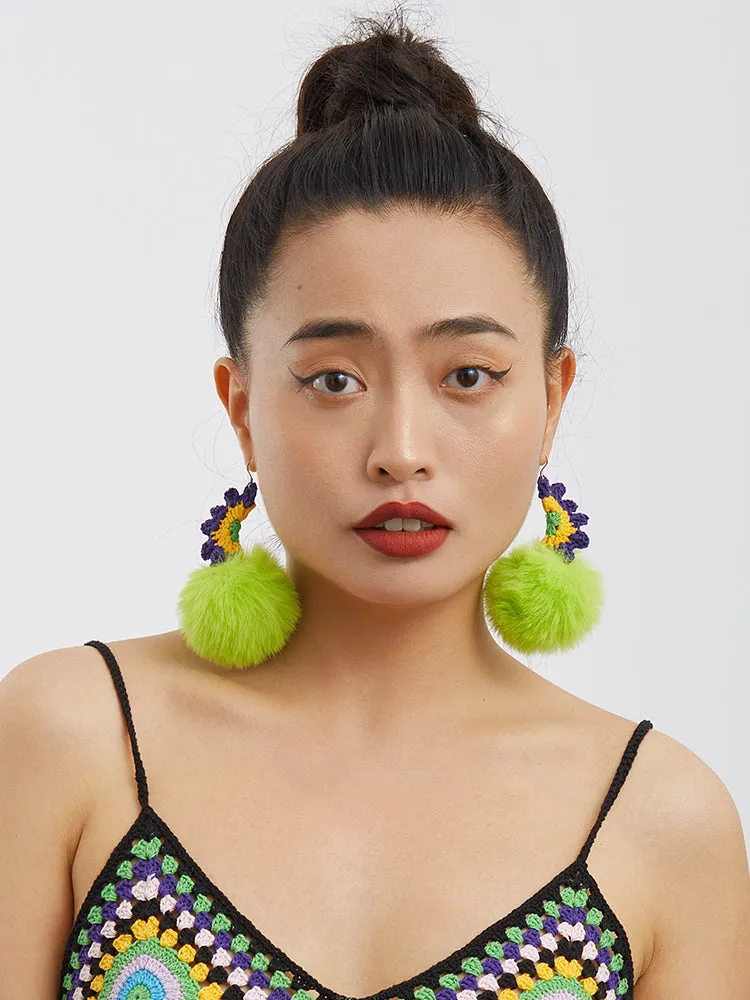 LB Plush Ball Earrings Exaggerated Green Plush Ear Clip LOJL3