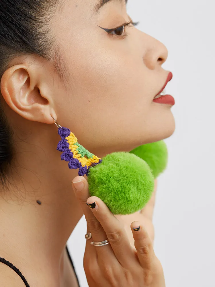 LB Plush Ball Earrings Exaggerated Green Plush Ear Clip LOJL3