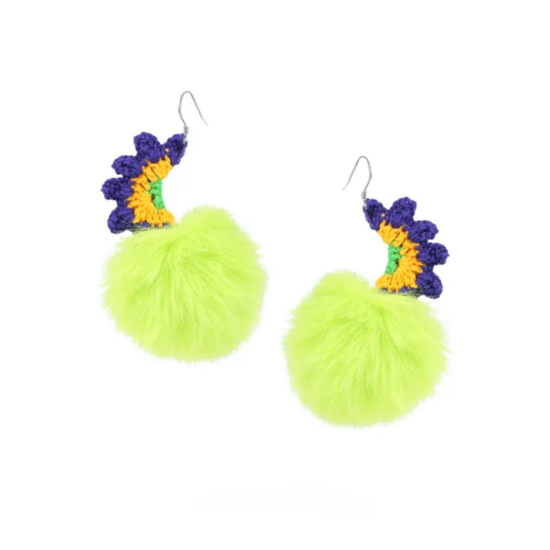 LB Plush Ball Earrings Exaggerated Green Plush Ear Clip LOJL3