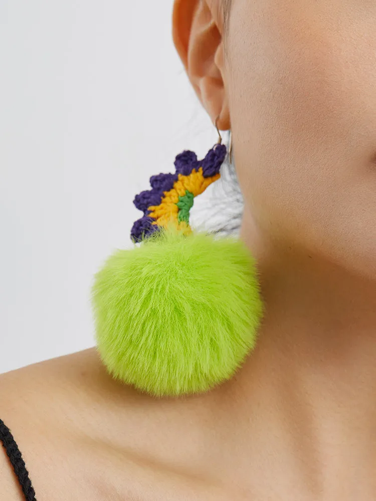 LB Plush Ball Earrings Exaggerated Green Plush Ear Clip LOJL3