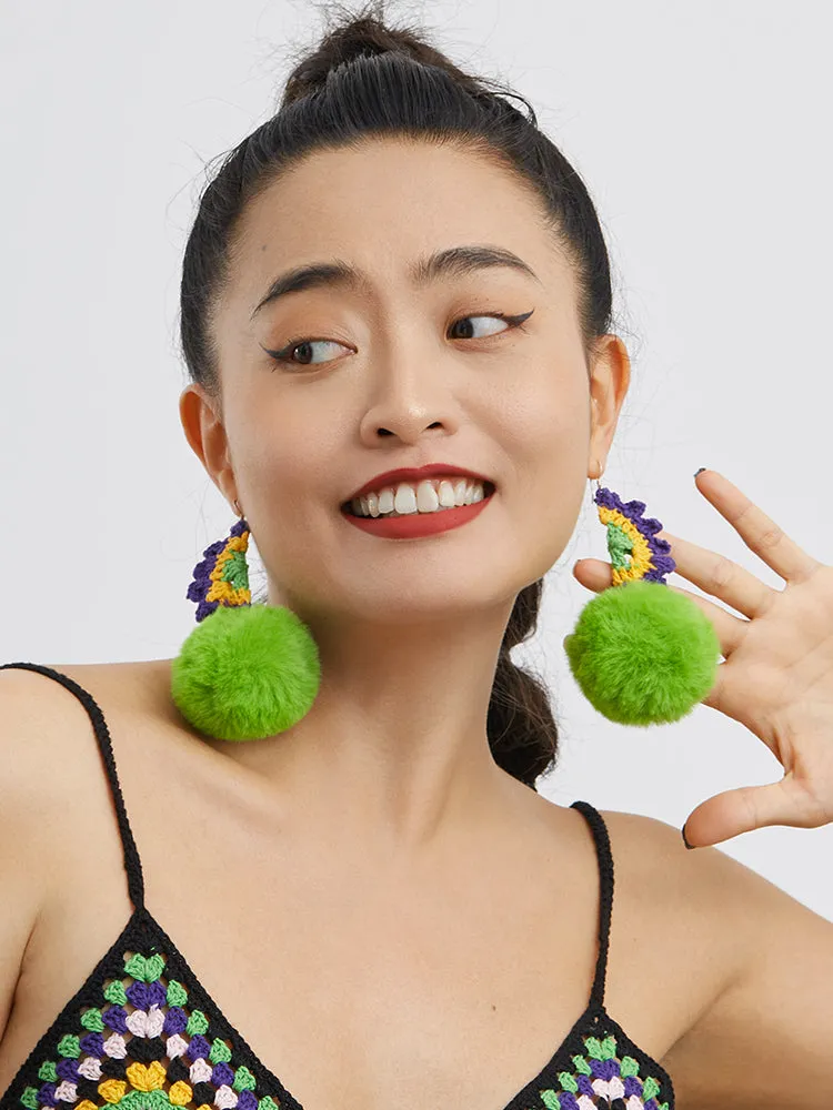 LB Plush Ball Earrings Exaggerated Green Plush Ear Clip LOJL3