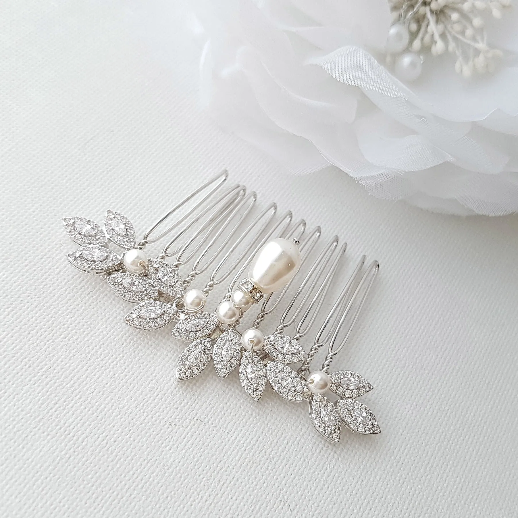 Leaf Design Rose Gold Pearl Wedding Hair Comb-Abby