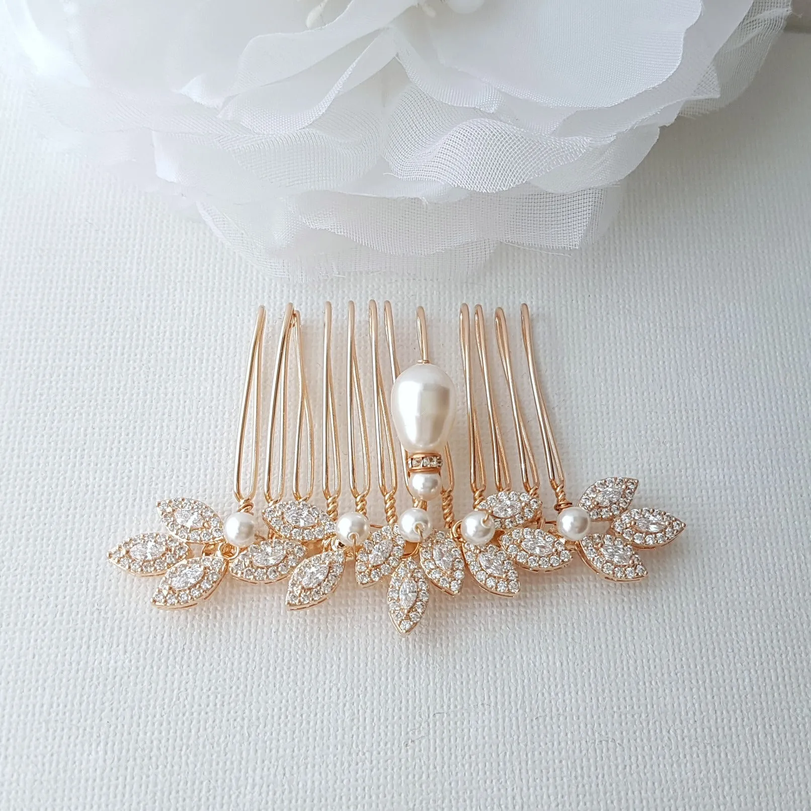 Leaf Design Rose Gold Pearl Wedding Hair Comb-Abby