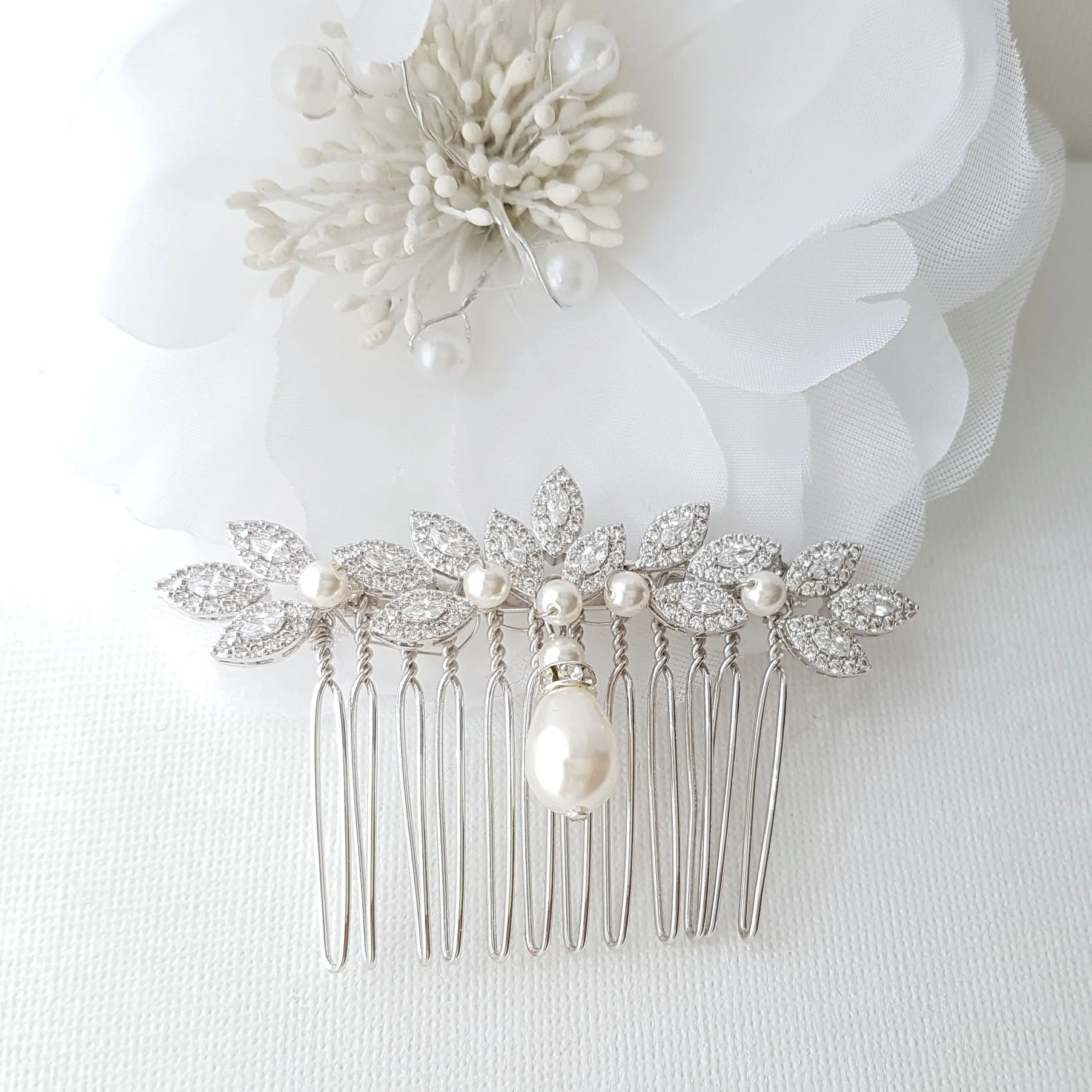 Leaf Design Rose Gold Pearl Wedding Hair Comb-Abby