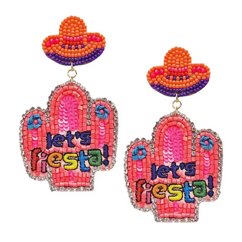 Lets Fiesta Felt Back Sequin Beaded Cactus Dangle Earrings