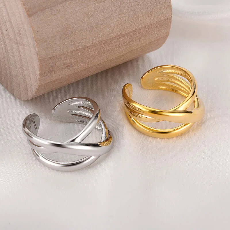 Line Woven Silver Abstract Shaped Stacking Band Ring