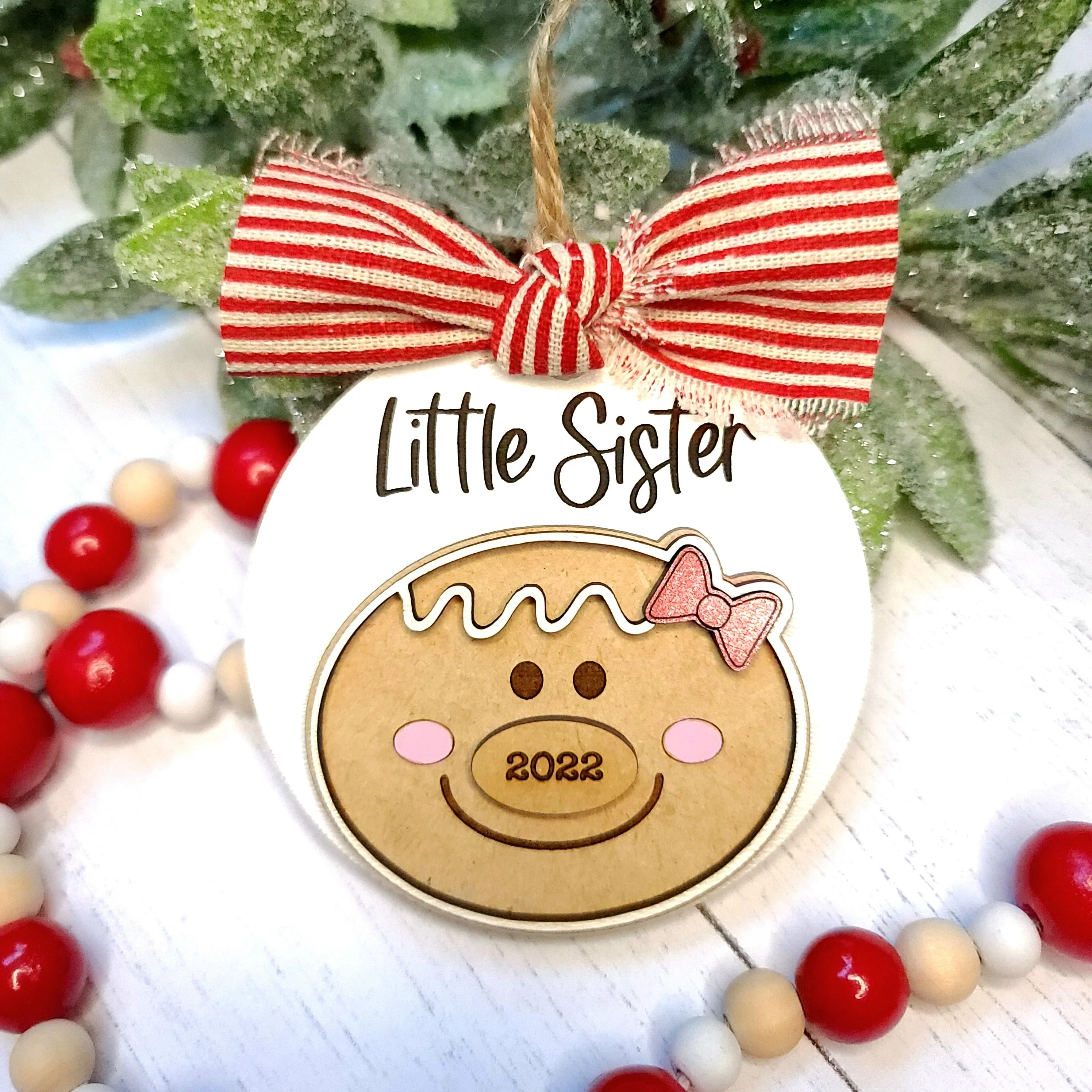 Little Sister / Little Brother Christmas Gingerbread Ornament | Personalized Laser Cut Wood Ornament