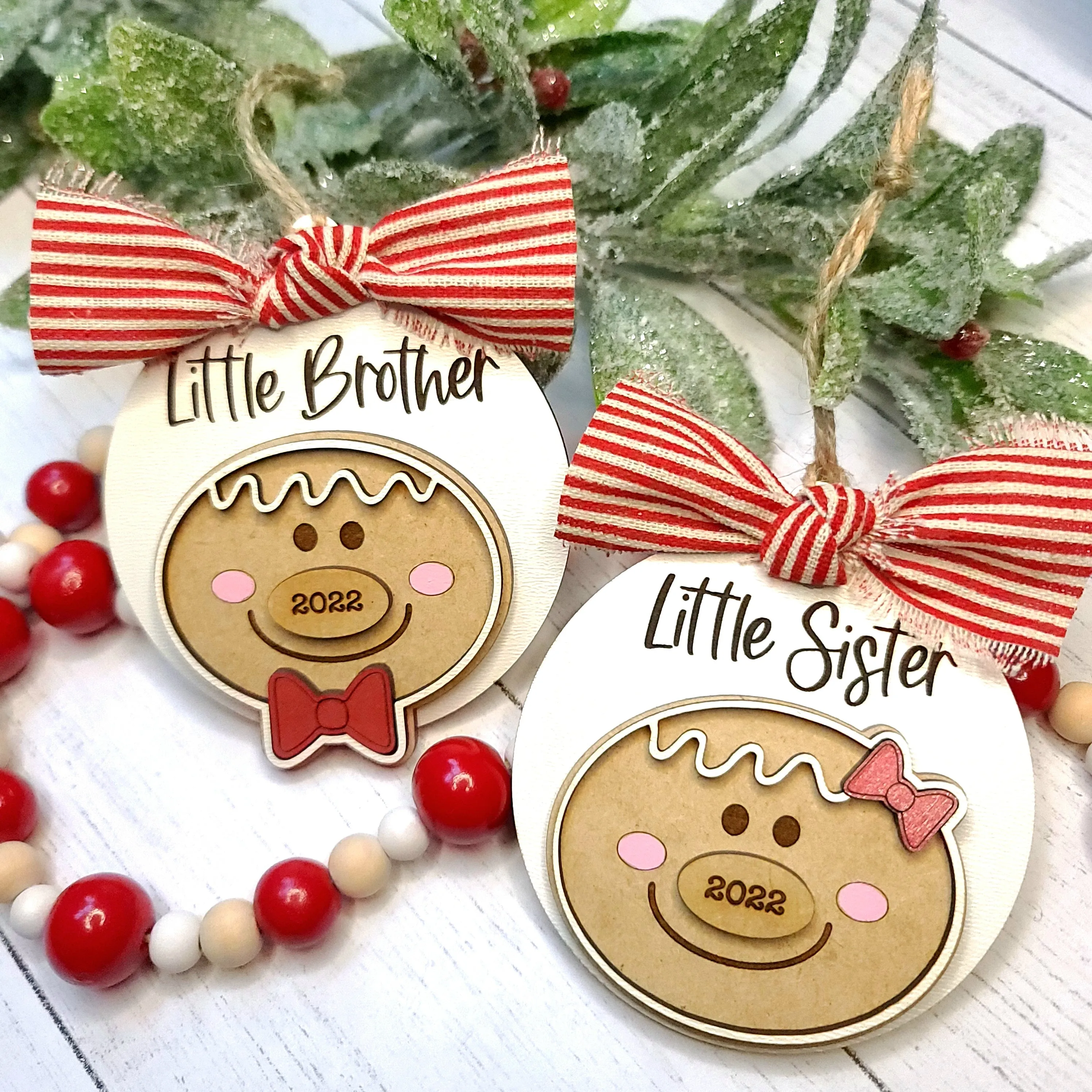 Little Sister / Little Brother Christmas Gingerbread Ornament | Personalized Laser Cut Wood Ornament