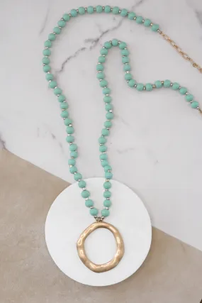 Long Wooden Bead Necklace with gold circle - Mint Green