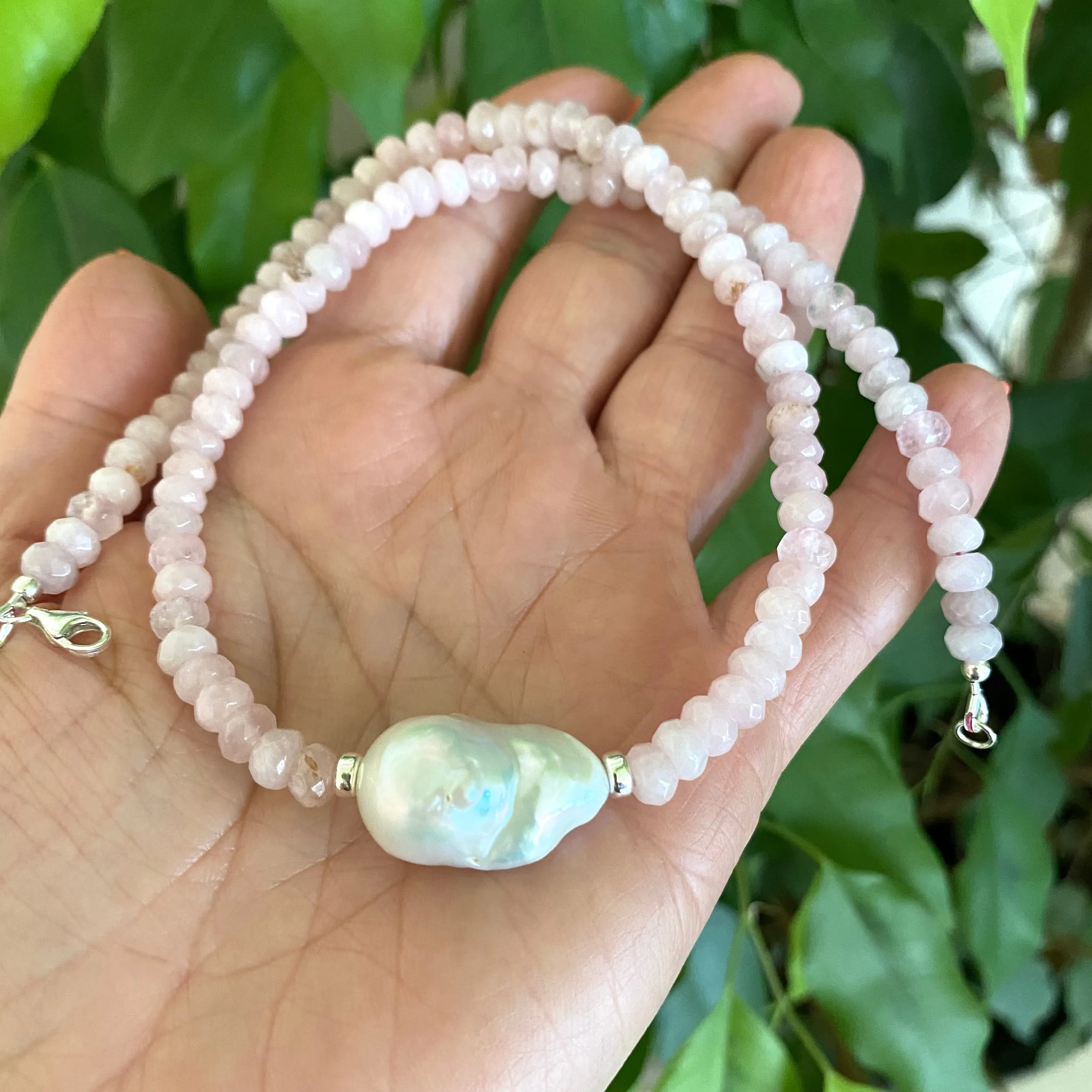 Madagascar Rose Quartz Beaded Necklace with Large Baroque Pearl and Silver Details, 17.5inches