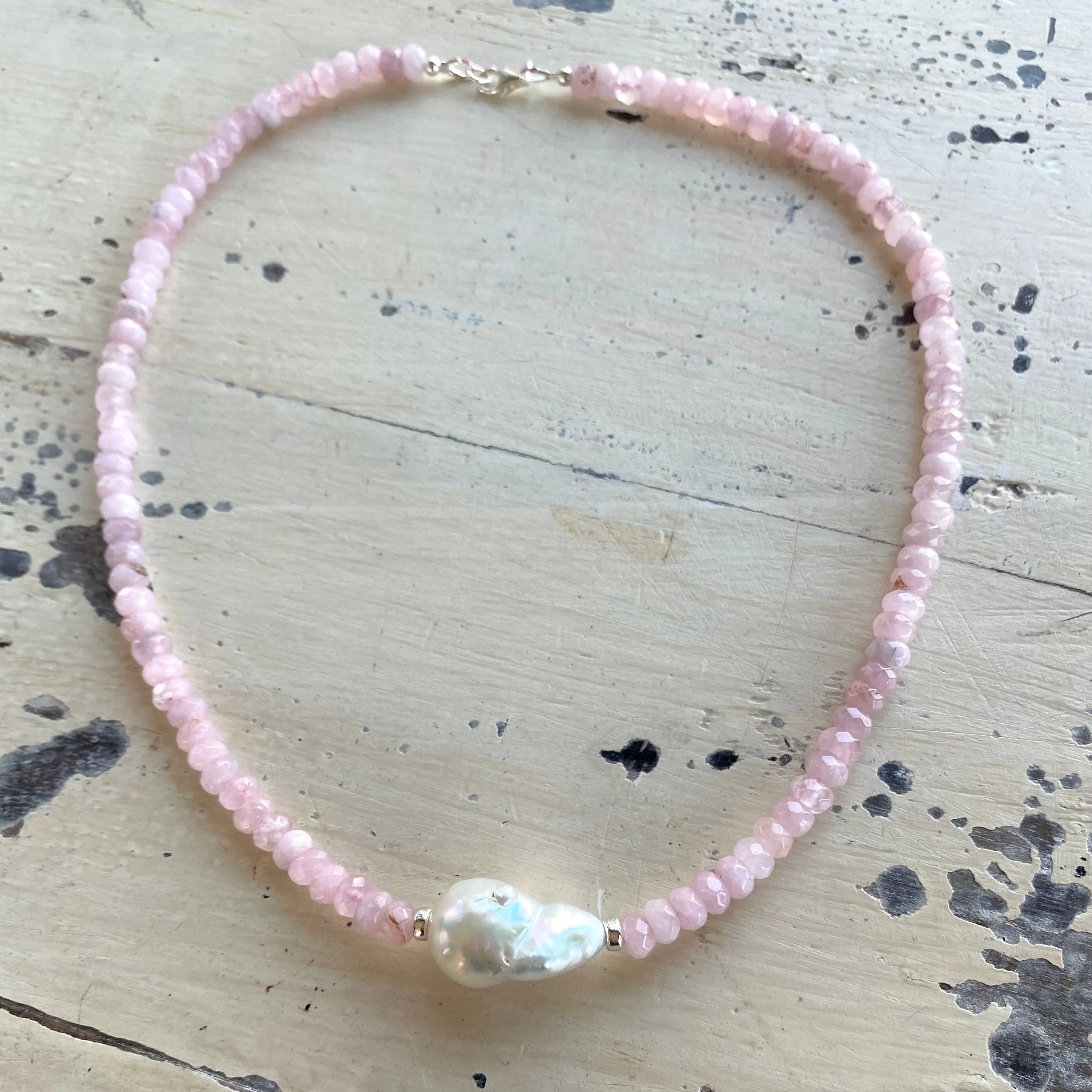 Madagascar Rose Quartz Beaded Necklace with Large Baroque Pearl and Silver Details, 17.5inches