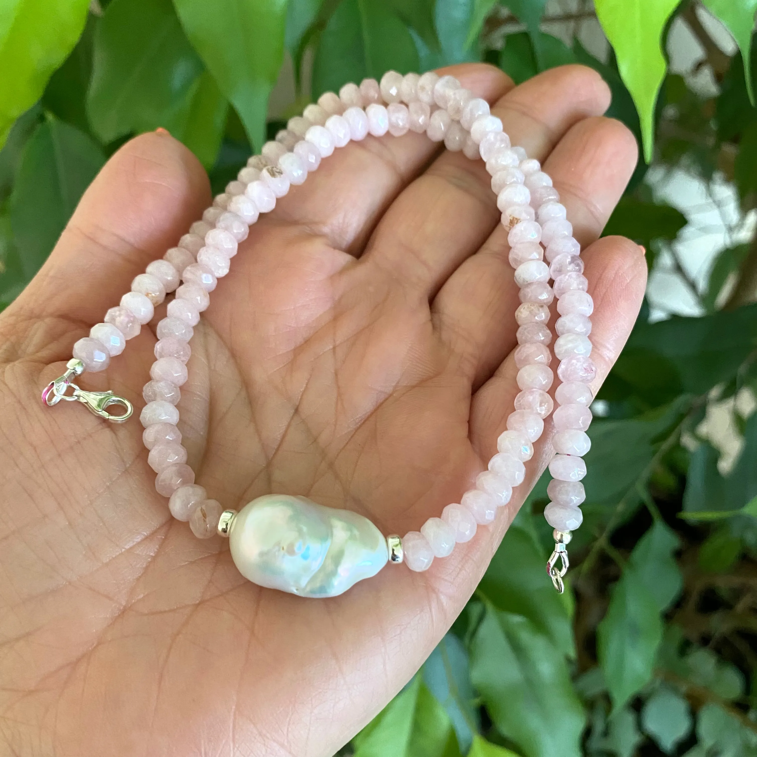 Madagascar Rose Quartz Beaded Necklace with Large Baroque Pearl and Silver Details, 17.5inches