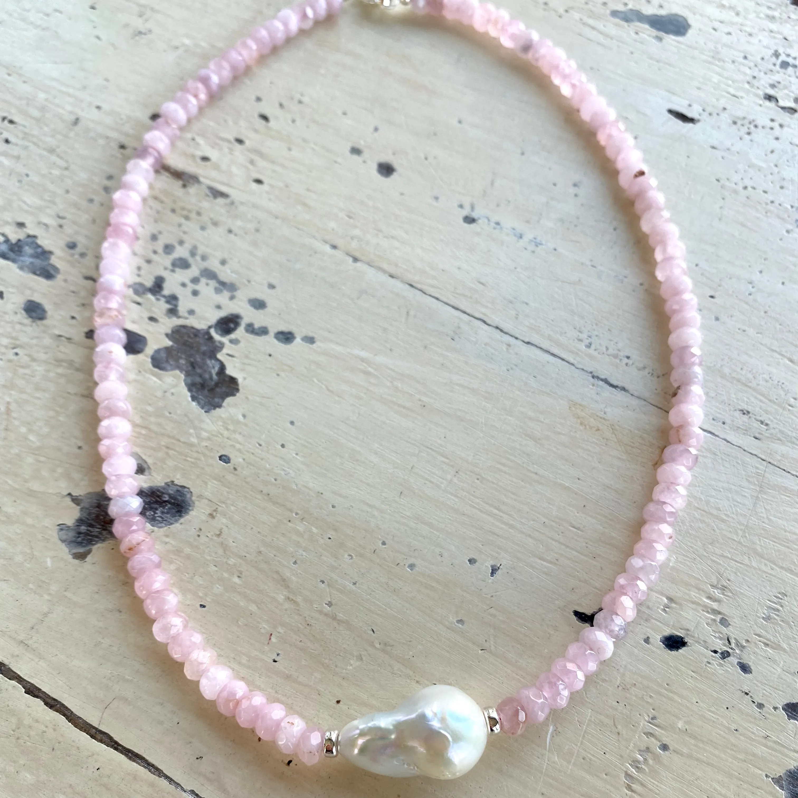 Madagascar Rose Quartz Beaded Necklace with Large Baroque Pearl and Silver Details, 17.5inches