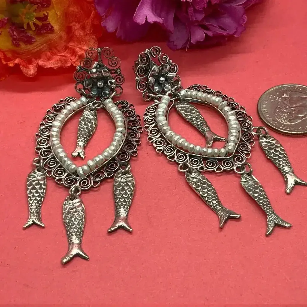 Mexican Oaxacan  pearl  silver filigree fish earrings- Long, dangles, Frida Kahlo style