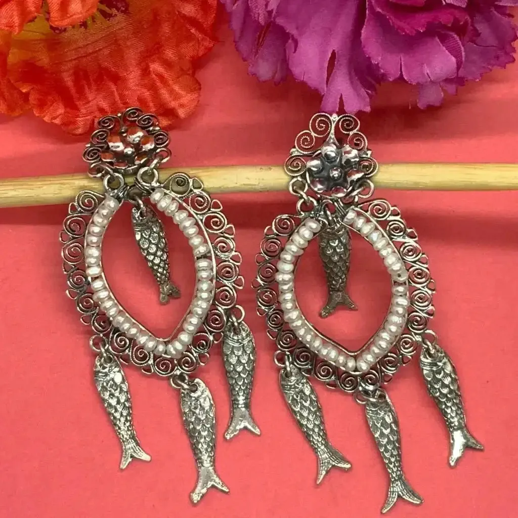 Mexican Oaxacan  pearl  silver filigree fish earrings- Long, dangles, Frida Kahlo style