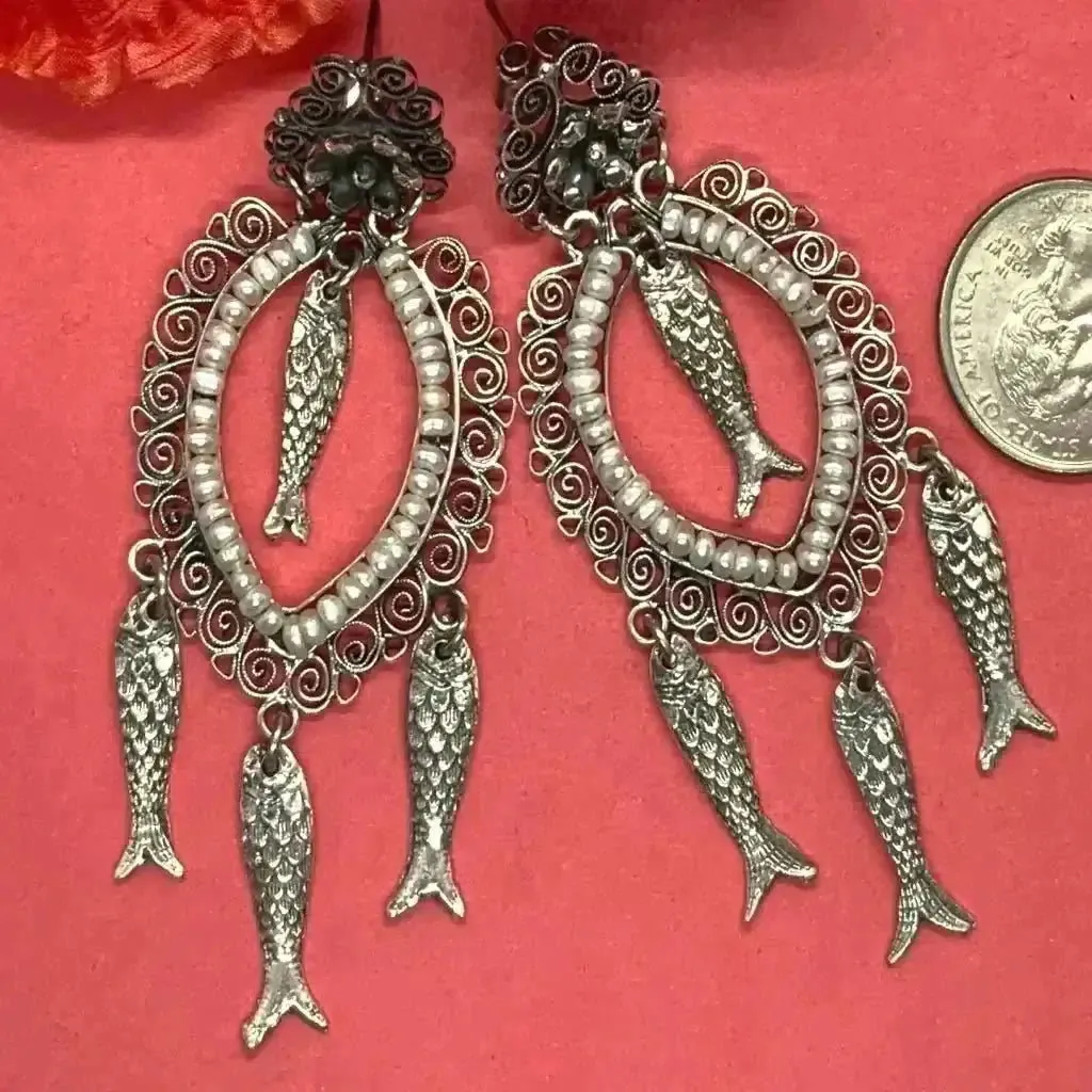 Mexican Oaxacan  pearl  silver filigree fish earrings- Long, dangles, Frida Kahlo style