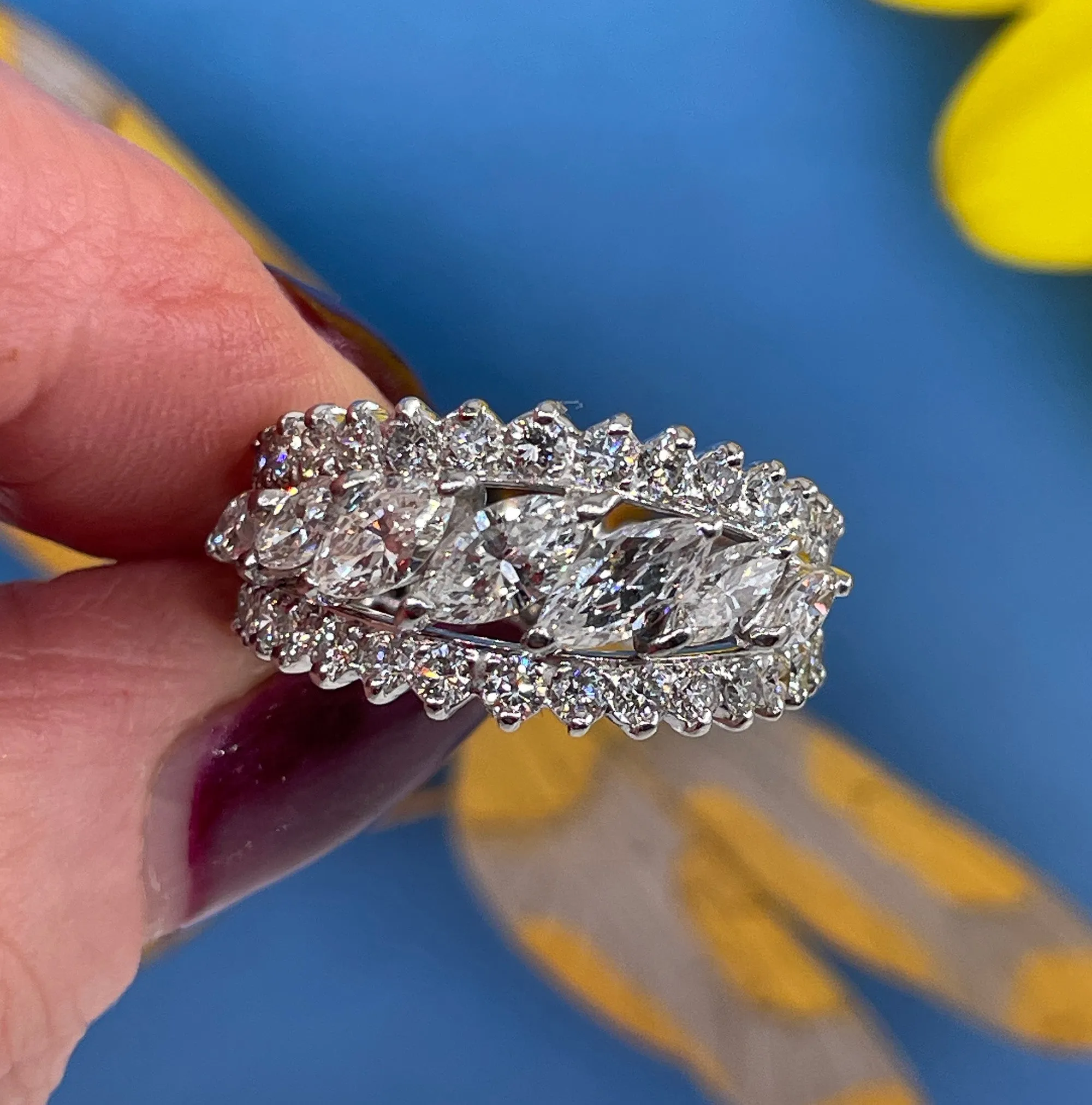 Mid-Century 6.89ctw Marquise Round Diamond Vintage Eternity Platinum Ring