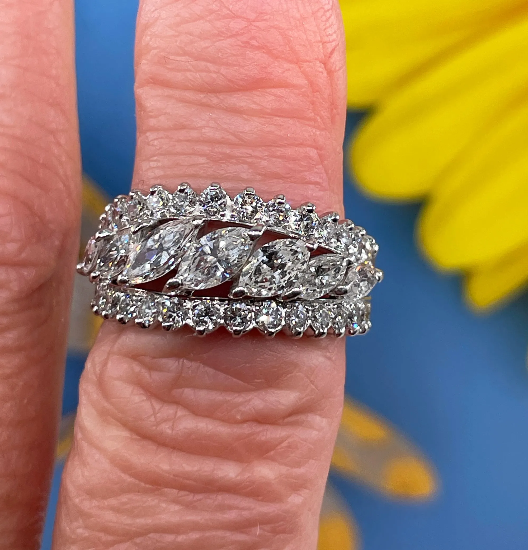 Mid-Century 6.89ctw Marquise Round Diamond Vintage Eternity Platinum Ring