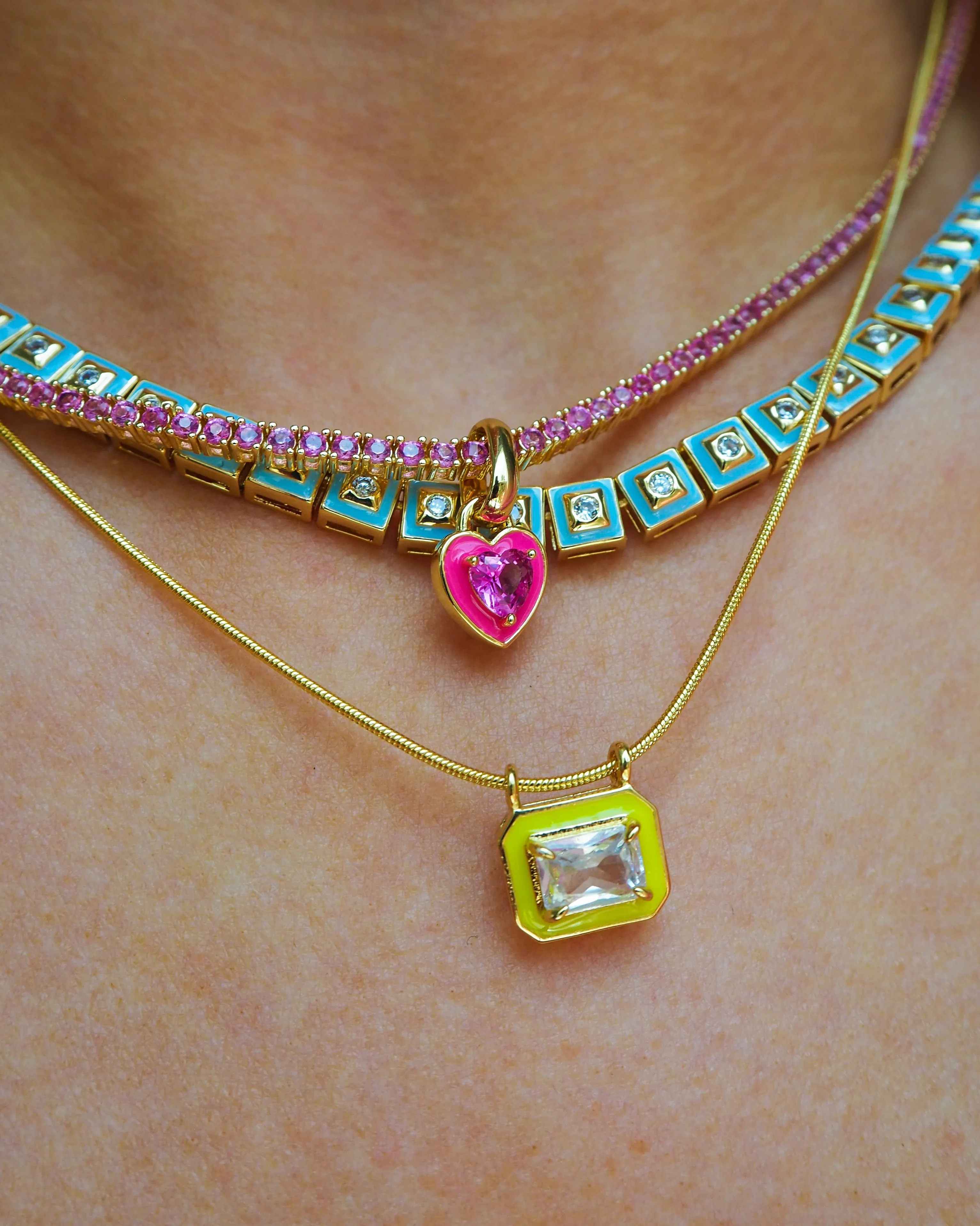 Mini Ballier Necklace with Heart Charm- Hot Pink- Gold